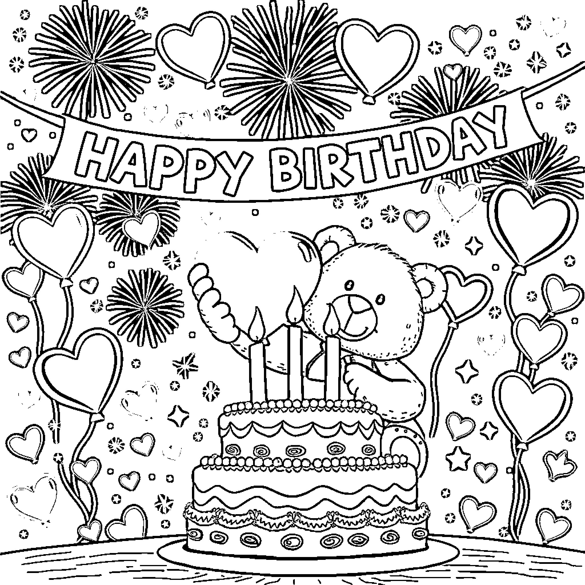 Teddy Bear celebrates Happy Birthday with cake and fireworks Coloring Page (free black-and-white line drawing printable PDF for all, from beginners to advanced learners, including children, teens, adults, and seniors)