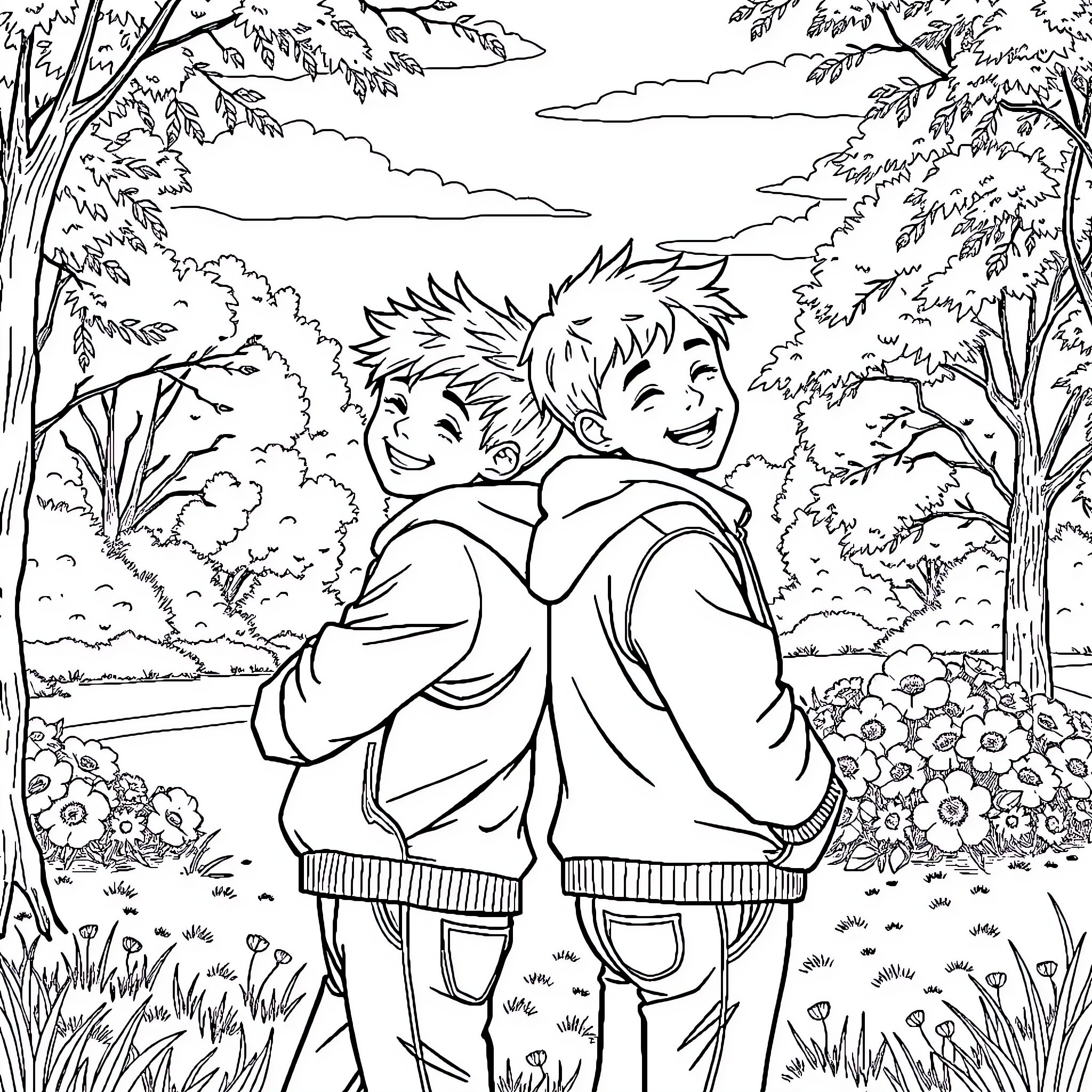 Boys exploring the enchanting outdoor scene Coloring Page (free black-and-white line drawing printable PDF for all, from beginners to advanced learners, including children, teens, adults, and seniors)