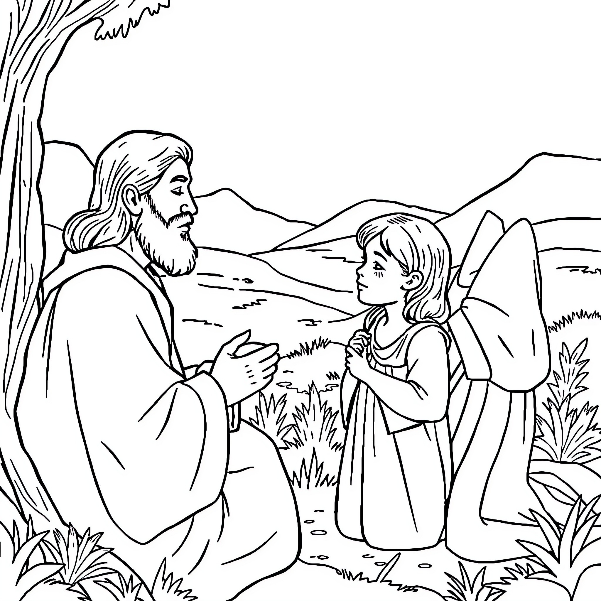 Bible scene of Jesus talking to a young child Coloring Page (free black-and-white line drawing printable PDF for all, from beginners to advanced learners, including children, teens, adults, and seniors)
