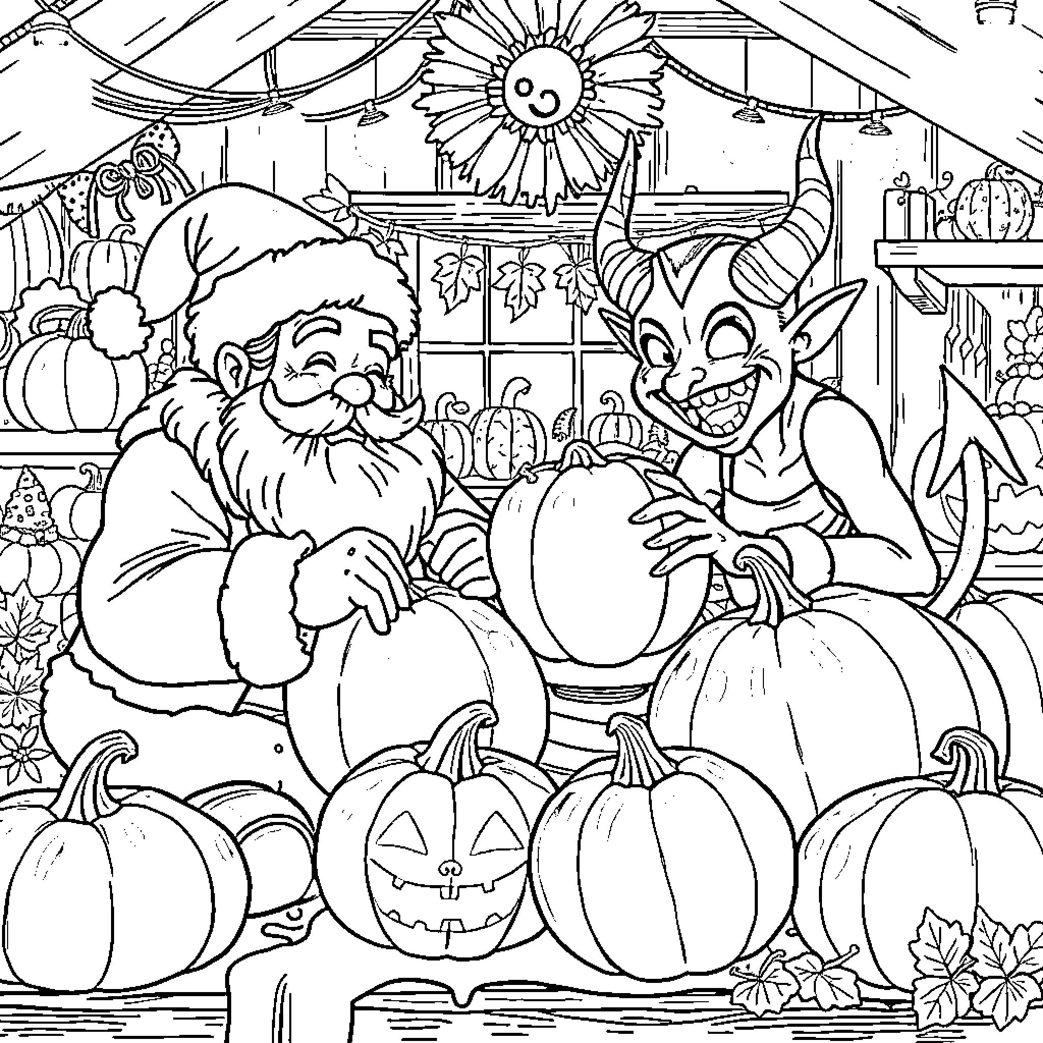 Santa and Elf Enjoying Festive Halloween Celebration Coloring Page (free black-and-white line drawing printable PDF for all, from beginners to advanced learners, including children, teens, adults, and seniors)