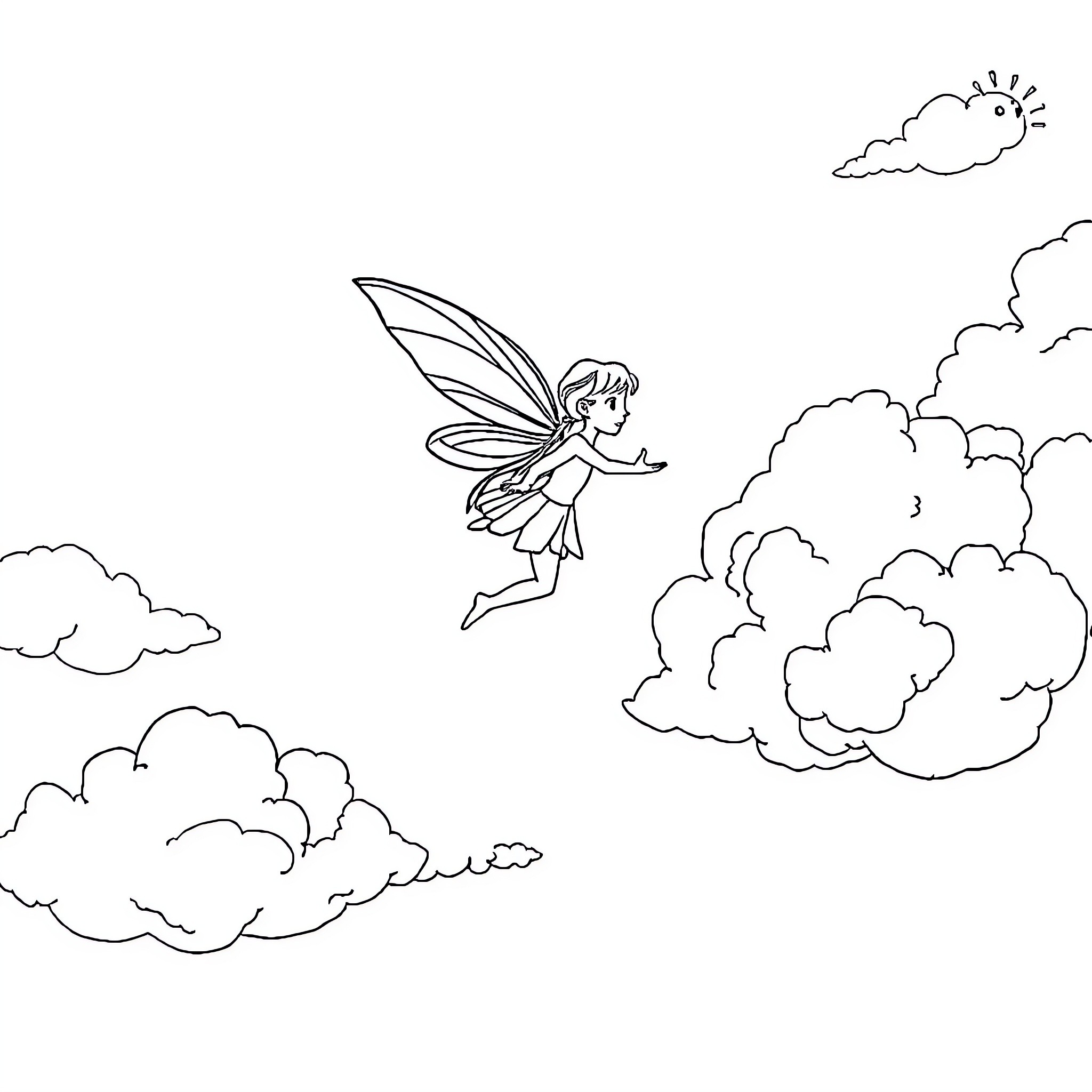 Fairy flying amidst clouds in the sky Coloring Page (free black-and-white line drawing printable PDF for all, from beginners to advanced learners, including children, teens, adults, and seniors)