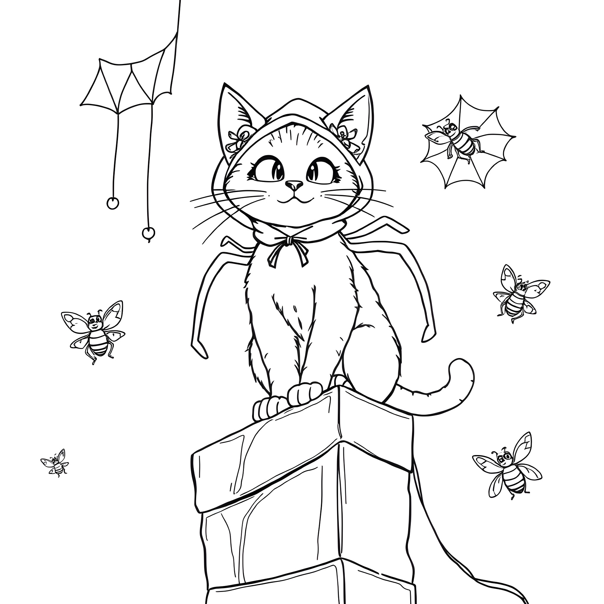 Spider Cat exploring a whimsical scene Coloring Page (free black-and-white line drawing printable PDF for all, from beginners to advanced learners, including children, teens, adults, and seniors)