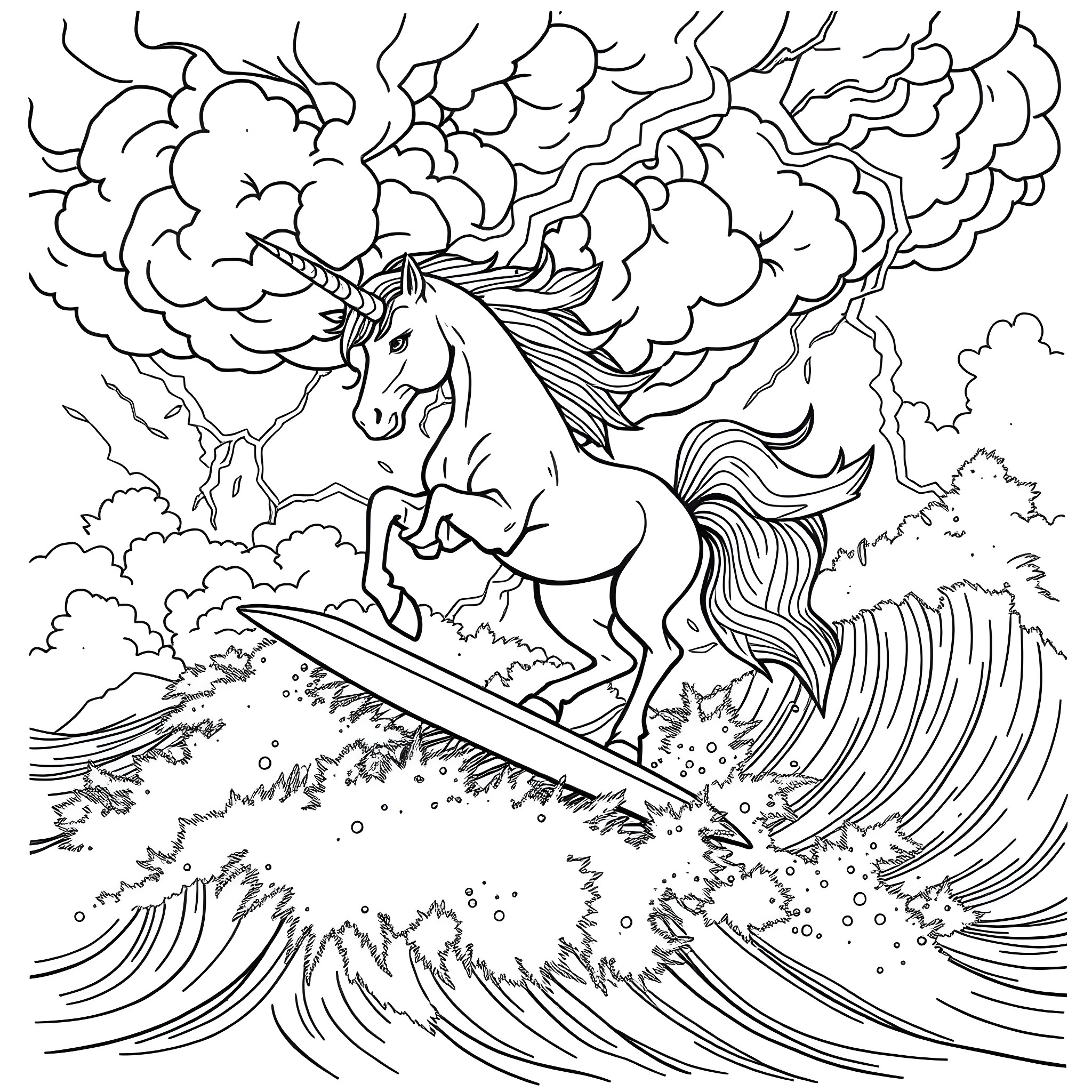 Unicorn Riding the Magical Wave of Clouds Coloring Page (free black-and-white line drawing printable PDF for all, from beginners to advanced learners, including children, teens, adults, and seniors)