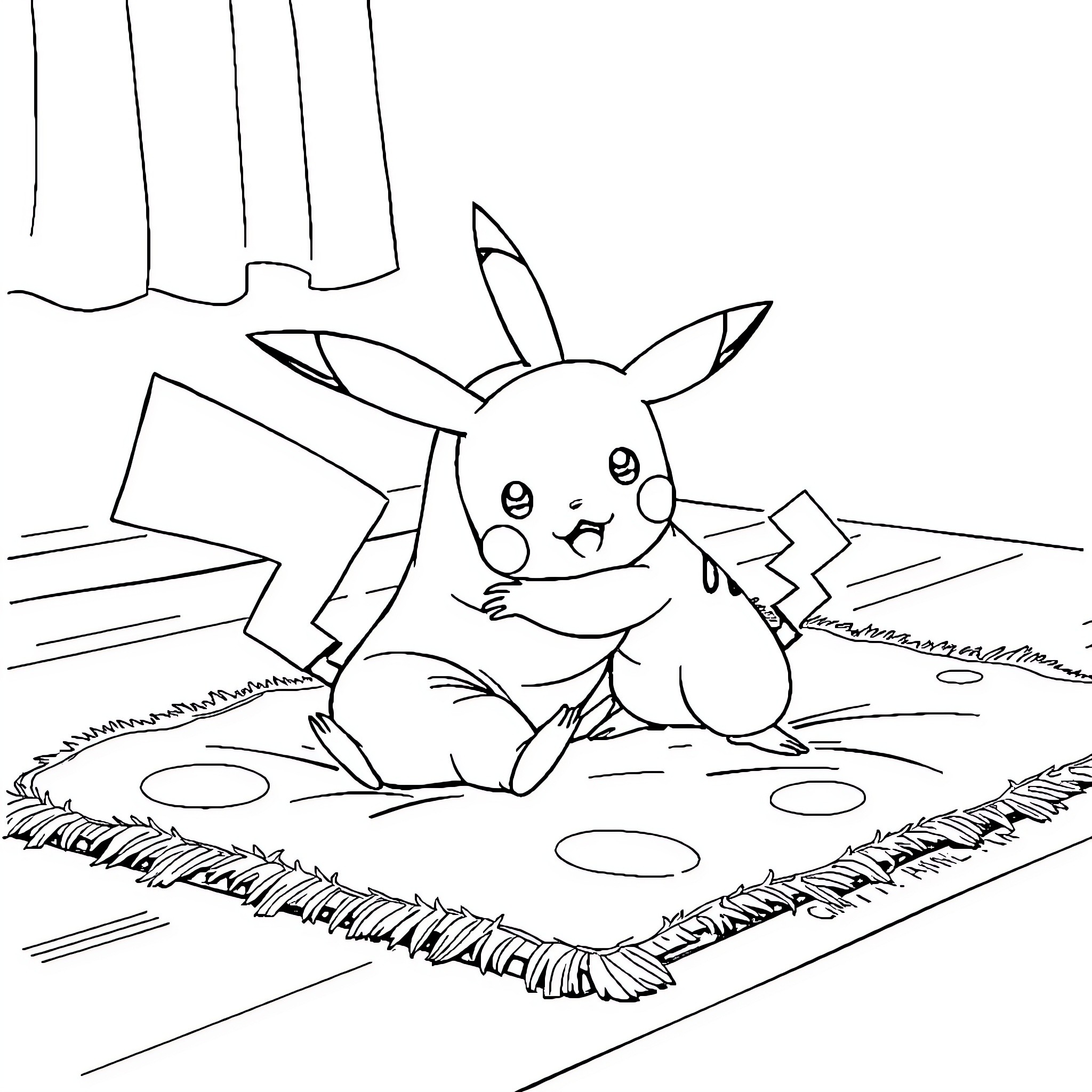 Pikachu playing happily on a picnic blanket Coloring Page (free black-and-white line drawing printable PDF for all, from beginners to advanced learners, including children, teens, adults, and seniors)
