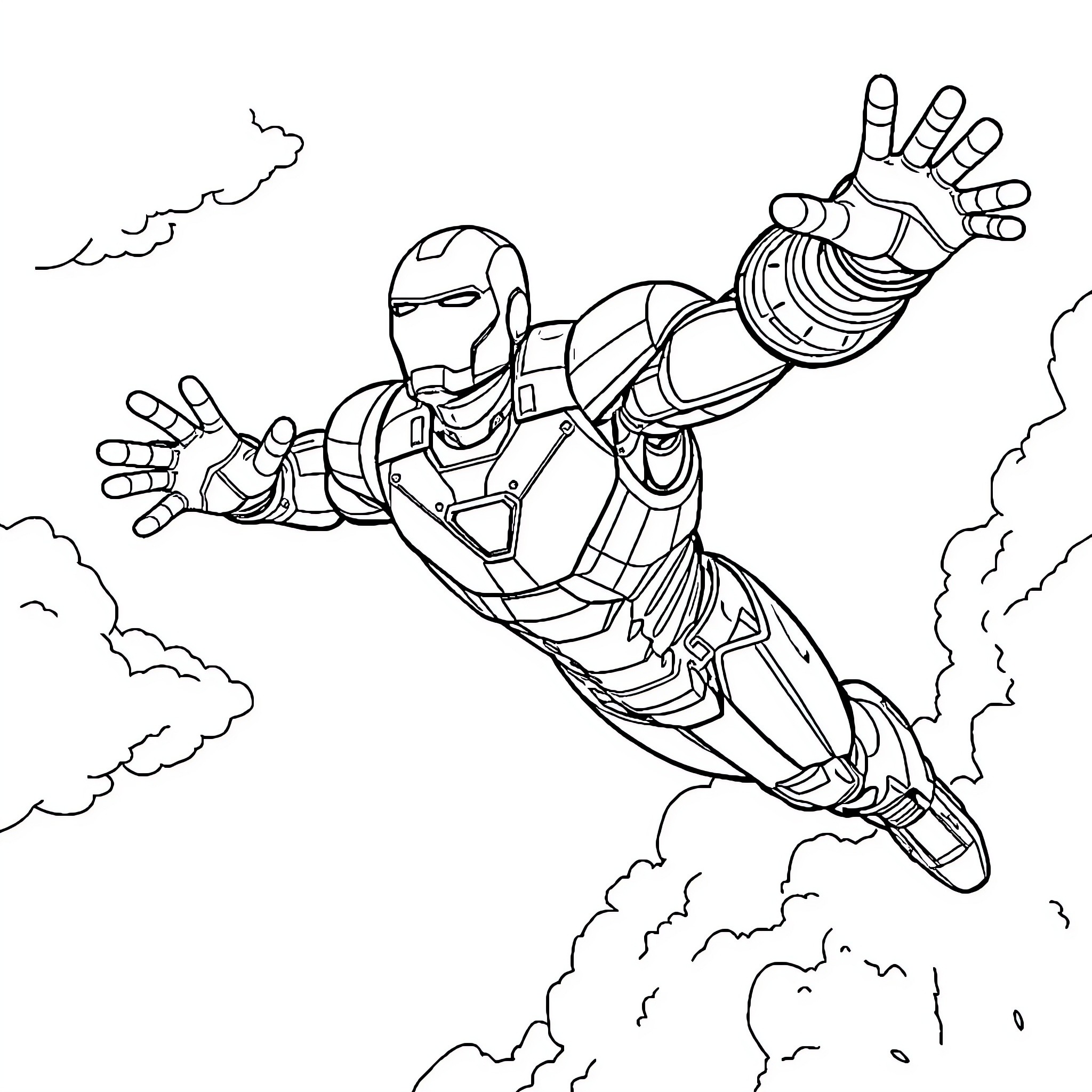 Iron Man soaring through the sky in action pose Coloring Page (free black-and-white line drawing printable PDF for all, from beginners to advanced learners, including children, teens, adults, and seniors)