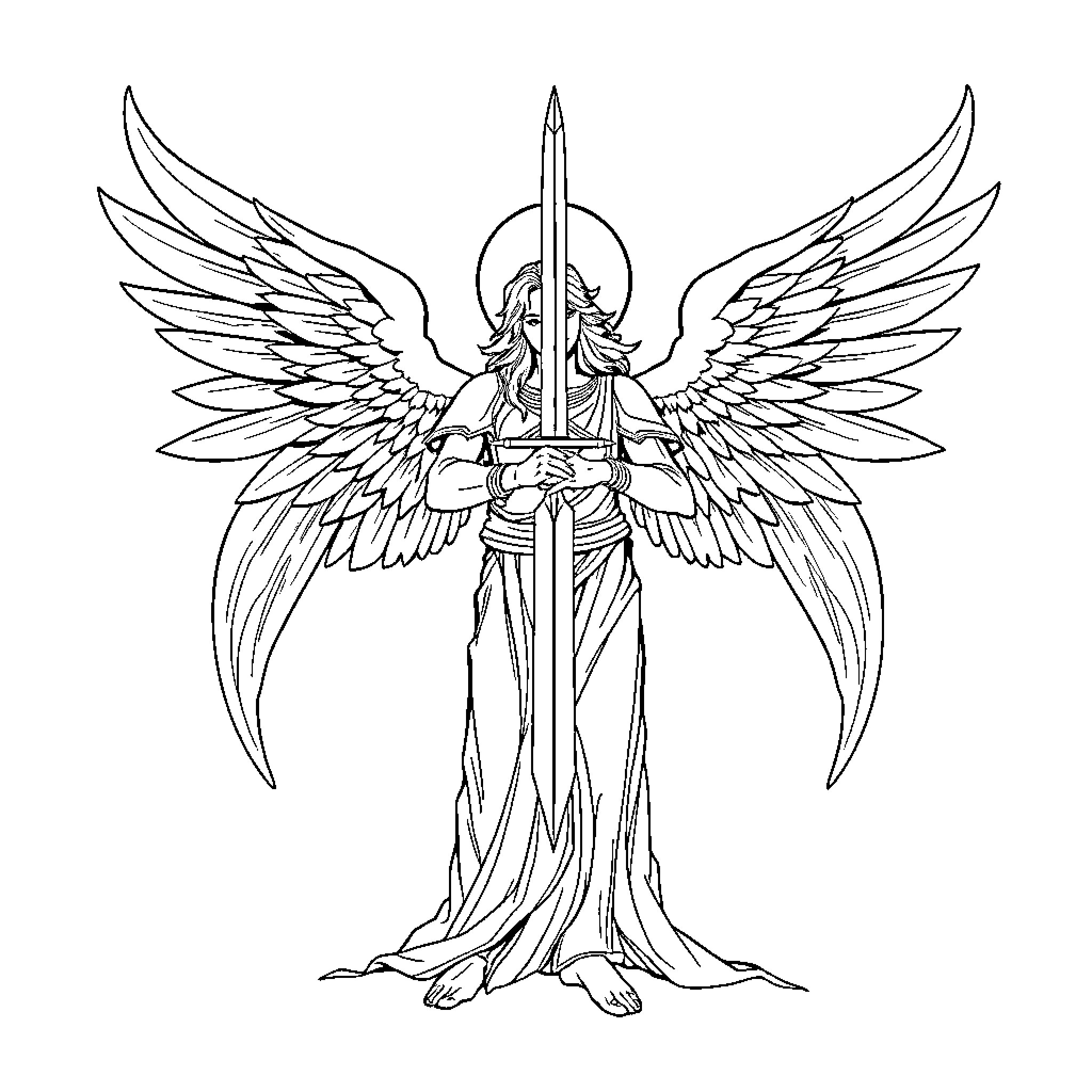 Angel wielding a sword with mighty wings Coloring Page (free black-and-white line drawing printable PDF for all, from beginners to advanced learners, including children, teens, adults, and seniors)