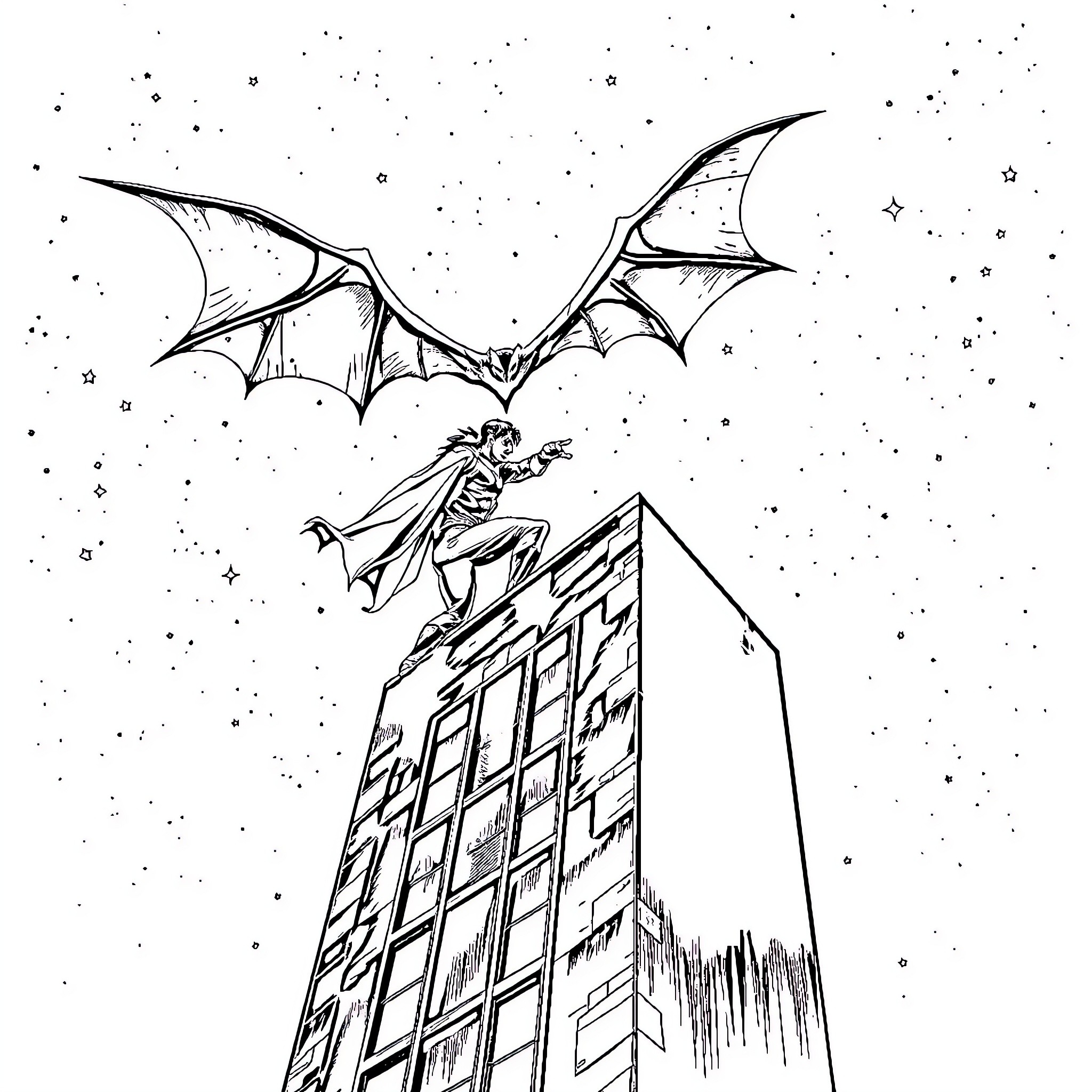 Nightwing soaring through the starry night sky Coloring Page (free black-and-white line drawing printable PDF for all, from beginners to advanced learners, including children, teens, adults, and seniors)