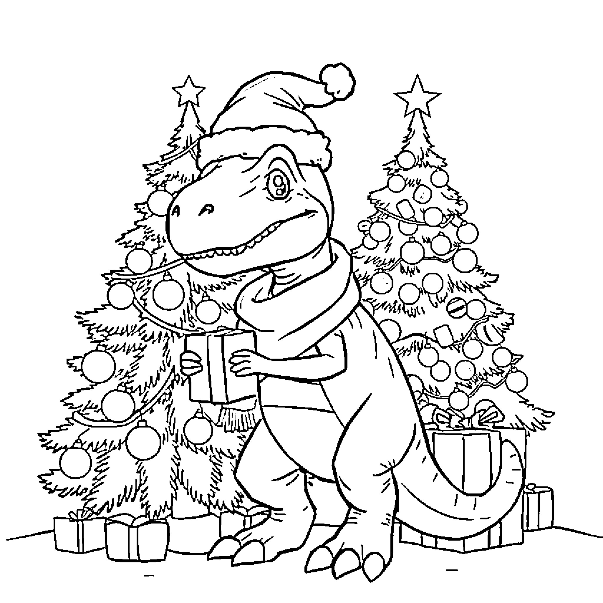 Velociraptor celebrating Christmas with decorations Coloring Page (free black-and-white line drawing printable PDF for all, from beginners to advanced learners, including children, teens, adults, and seniors)