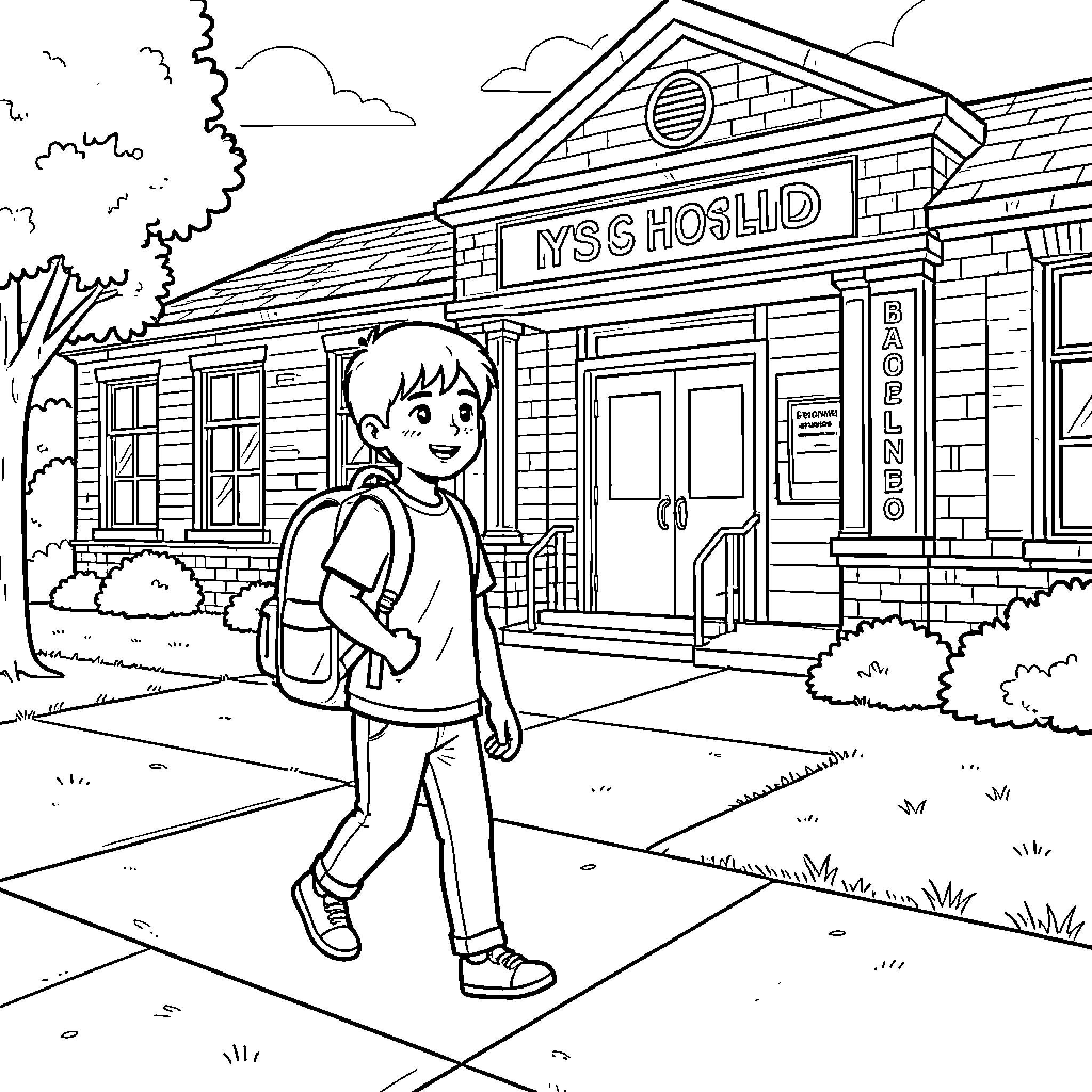Boy walking to school on a sunny day Coloring Page (free black-and-white line drawing printable PDF for all, from beginners to advanced learners, including children, teens, adults, and seniors)