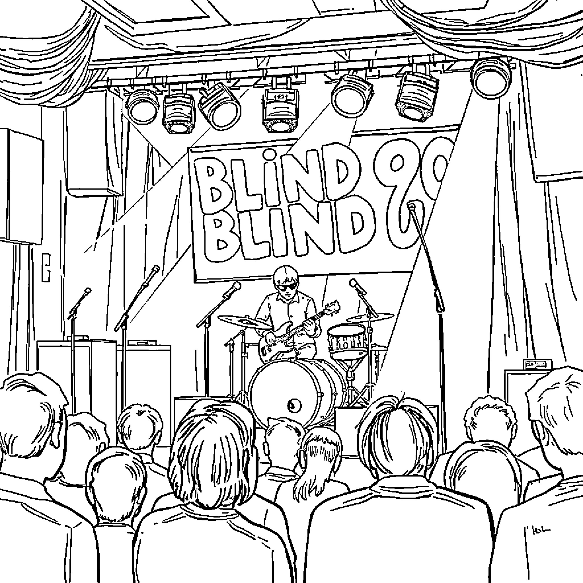 Band performing enthusiastically on stage Coloring Page (free black-and-white line drawing printable PDF for all, from beginners to advanced learners, including children, teens, adults, and seniors)