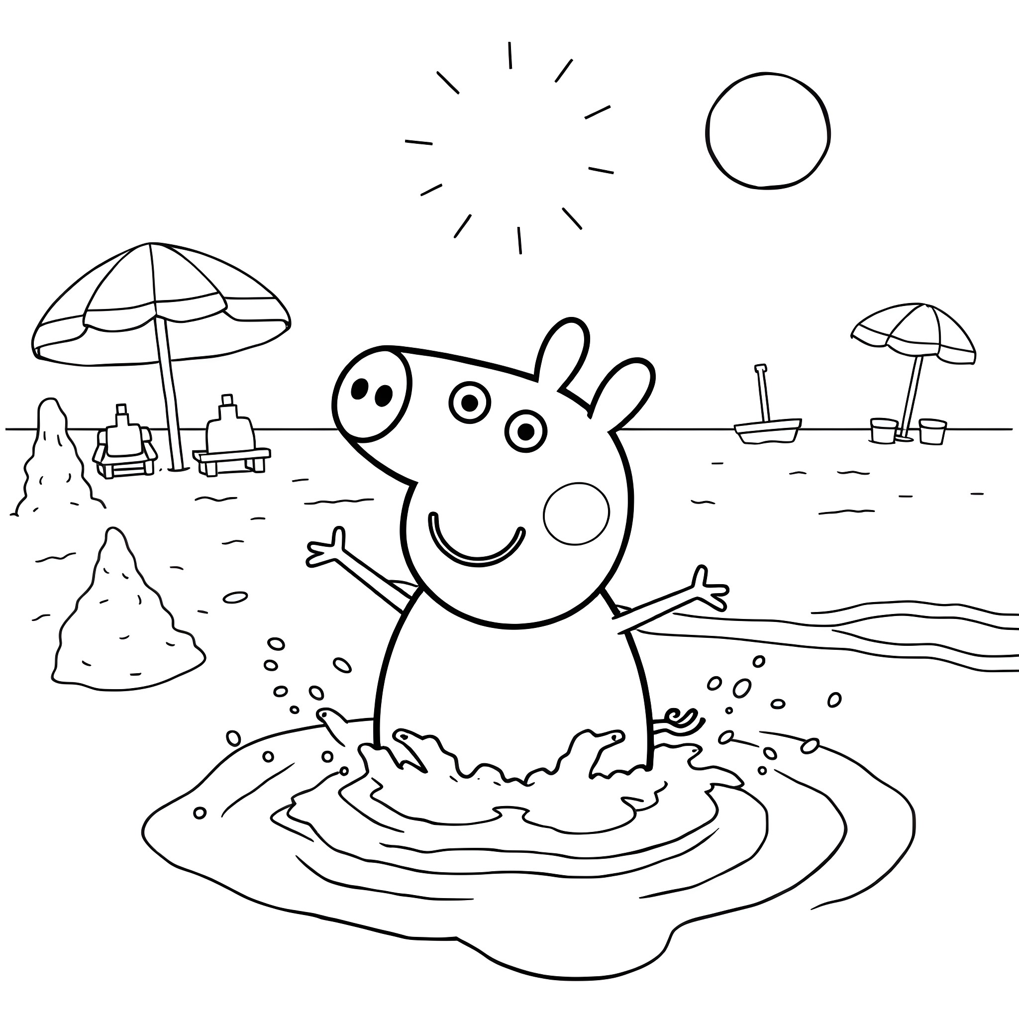 Peppa Pig enjoying a sunny day at the beach Coloring Page (free black-and-white line drawing printable PDF for all, from beginners to advanced learners, including children, teens, adults, and seniors)