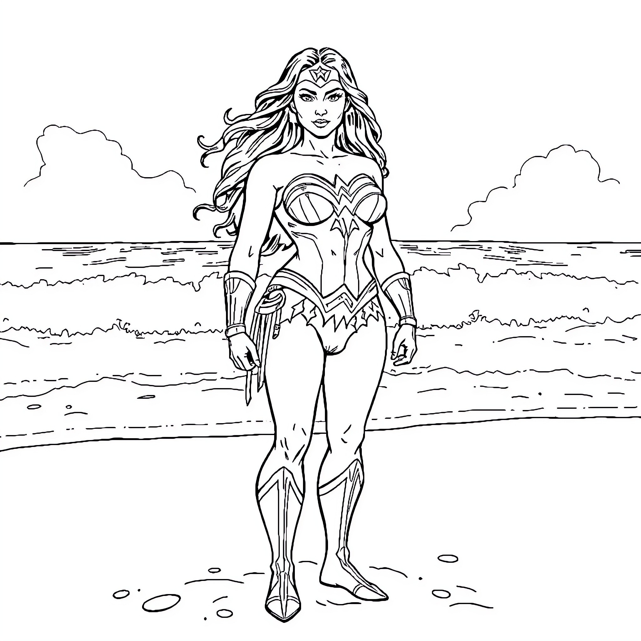 Wonder Woman posing heroically on the beach Coloring Page (free black-and-white line drawing printable PDF for all, from beginners to advanced learners, including children, teens, adults, and seniors)