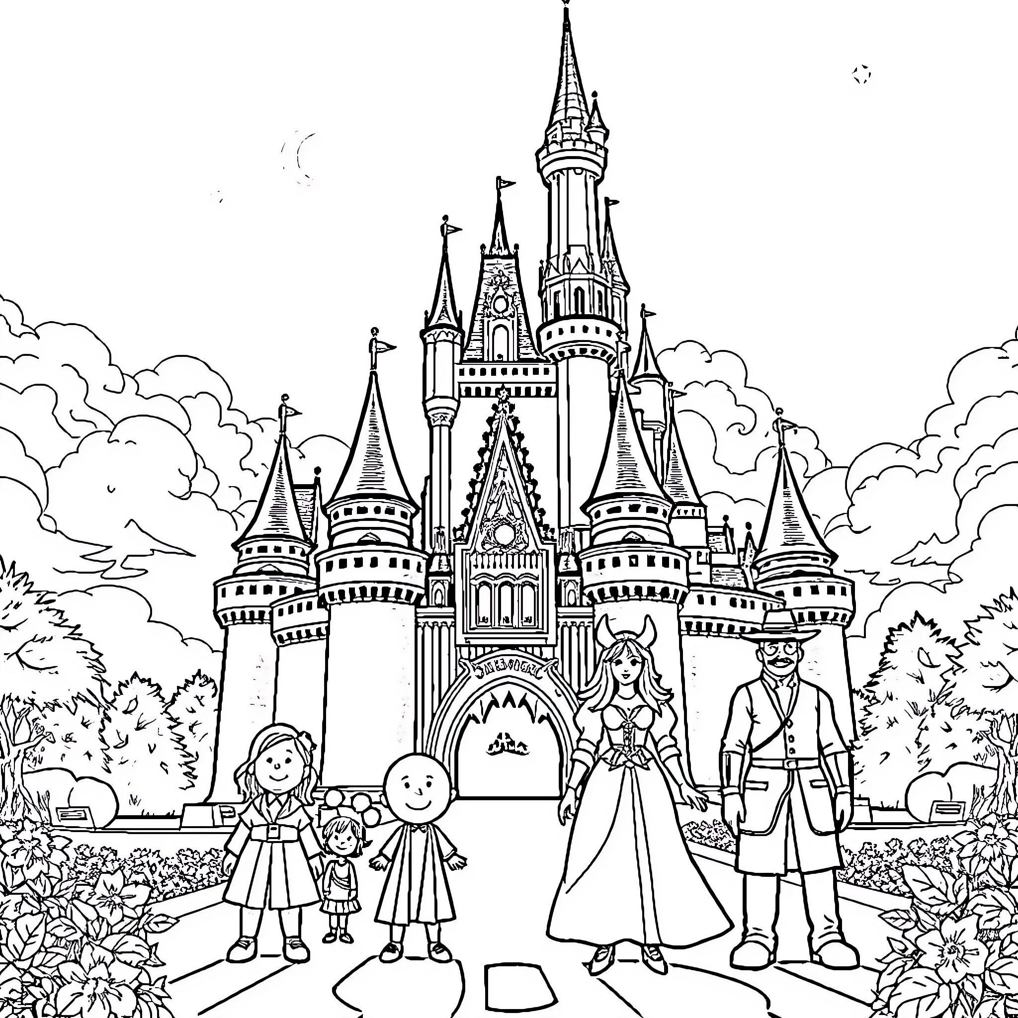 Lorcana: Fantasy characters at enchanted castle Coloring Page (free black-and-white line drawing printable PDF for all, from beginners to advanced learners, including children, teens, adults, and seniors)