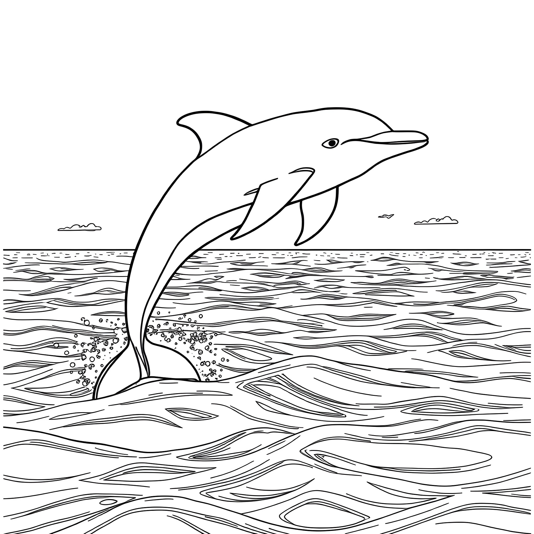Dolphin jumping gracefully in the ocean Coloring Page (free black-and-white line drawing printable PDF for all, from beginners to advanced learners, including children, teens, adults, and seniors)