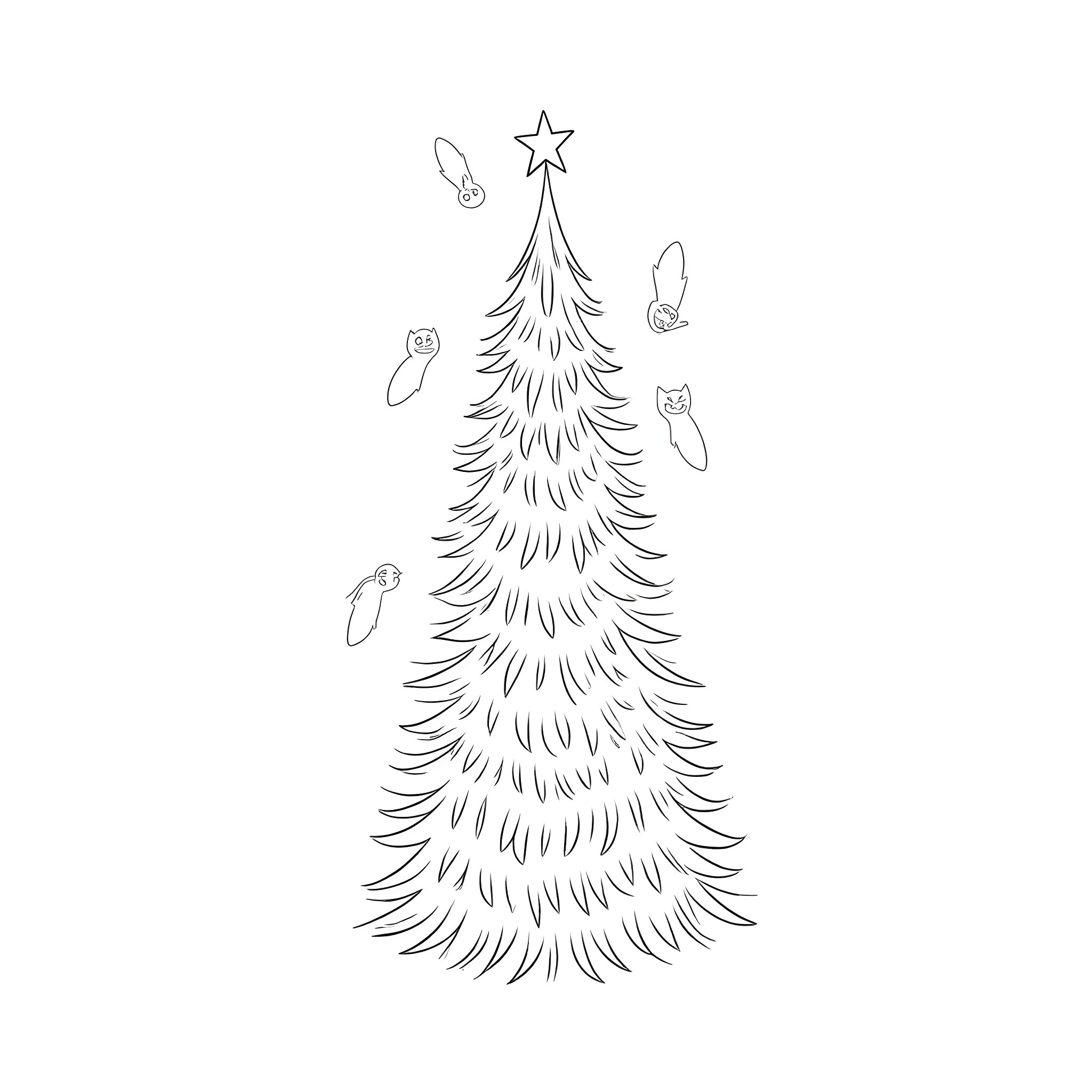 Cat decorating a Christmas tree Coloring Page (free black-and-white line drawing printable PDF for all, from beginners to advanced learners, including children, teens, adults, and seniors)