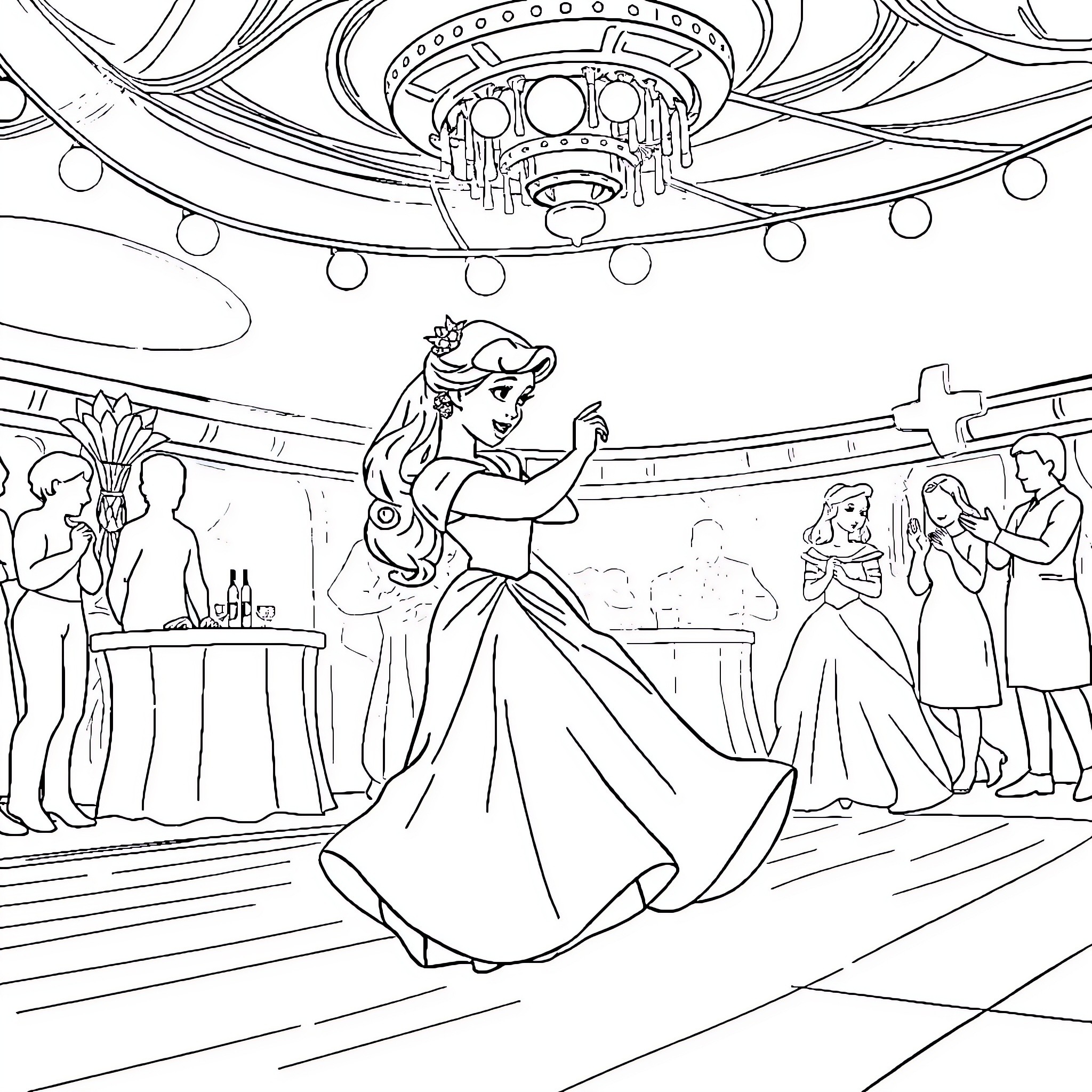 Princess dancing elegantly at grand ball Coloring Page (free black-and-white line drawing printable PDF for all, from beginners to advanced learners, including children, teens, adults, and seniors)
