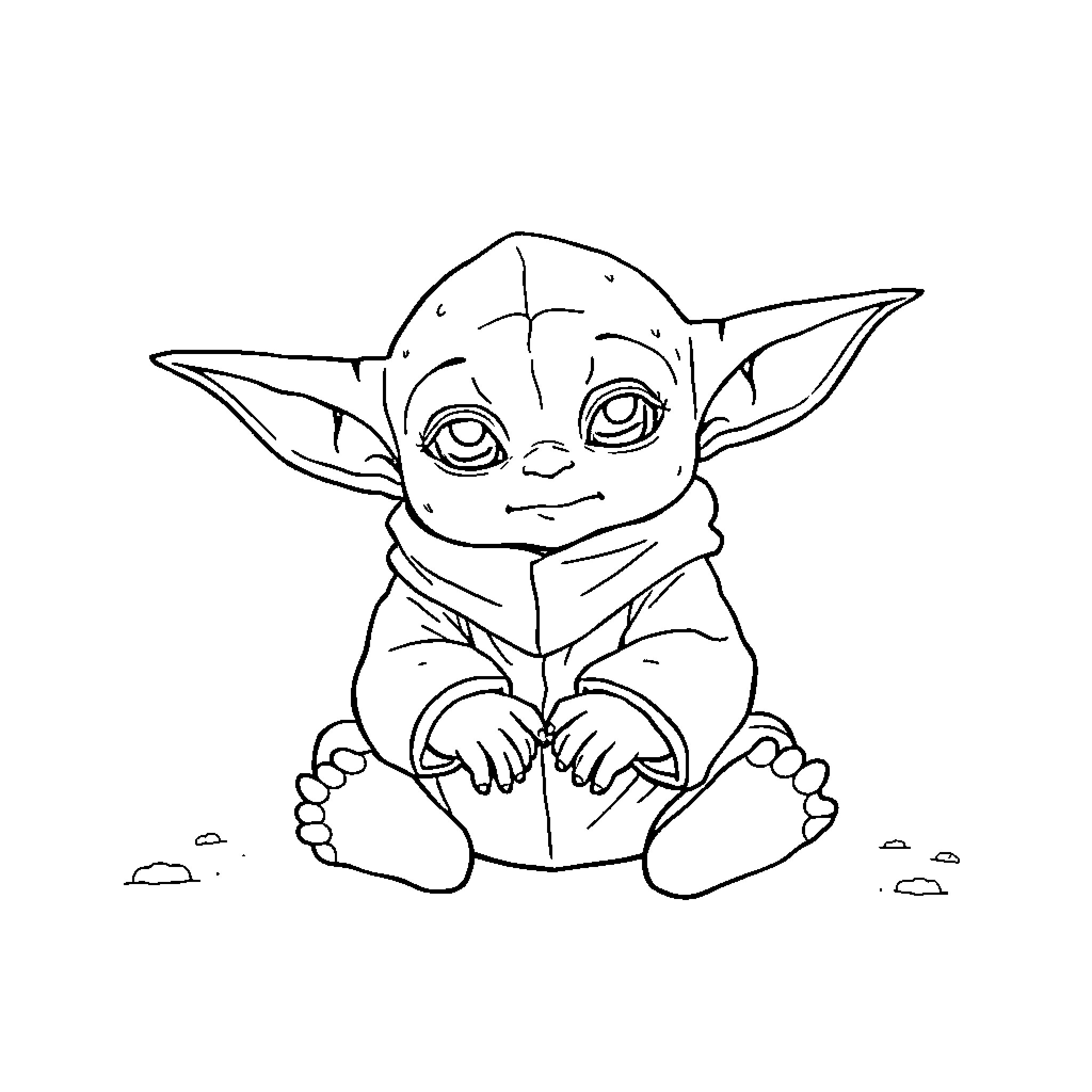 Baby Yoda sitting adorably on the ground Coloring Page (free black-and-white line drawing printable PDF for all, from beginners to advanced learners, including children, teens, adults, and seniors)