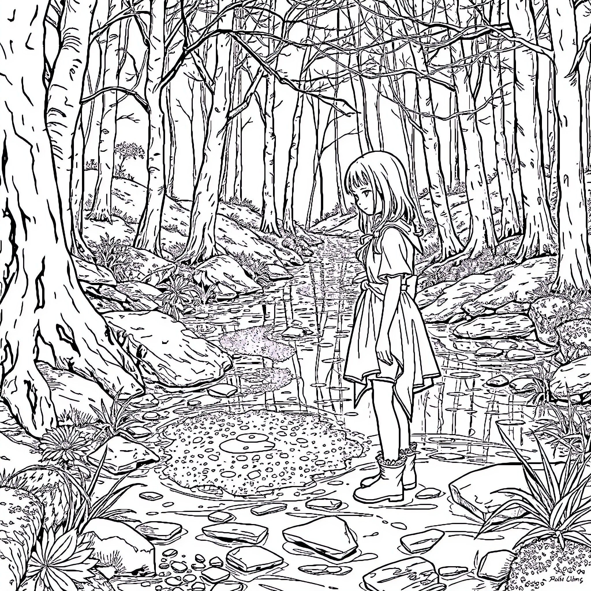 Girl exploring the enchanting forest creek Coloring Page (free black-and-white line drawing printable PDF for all, from beginners to advanced learners, including children, teens, adults, and seniors)