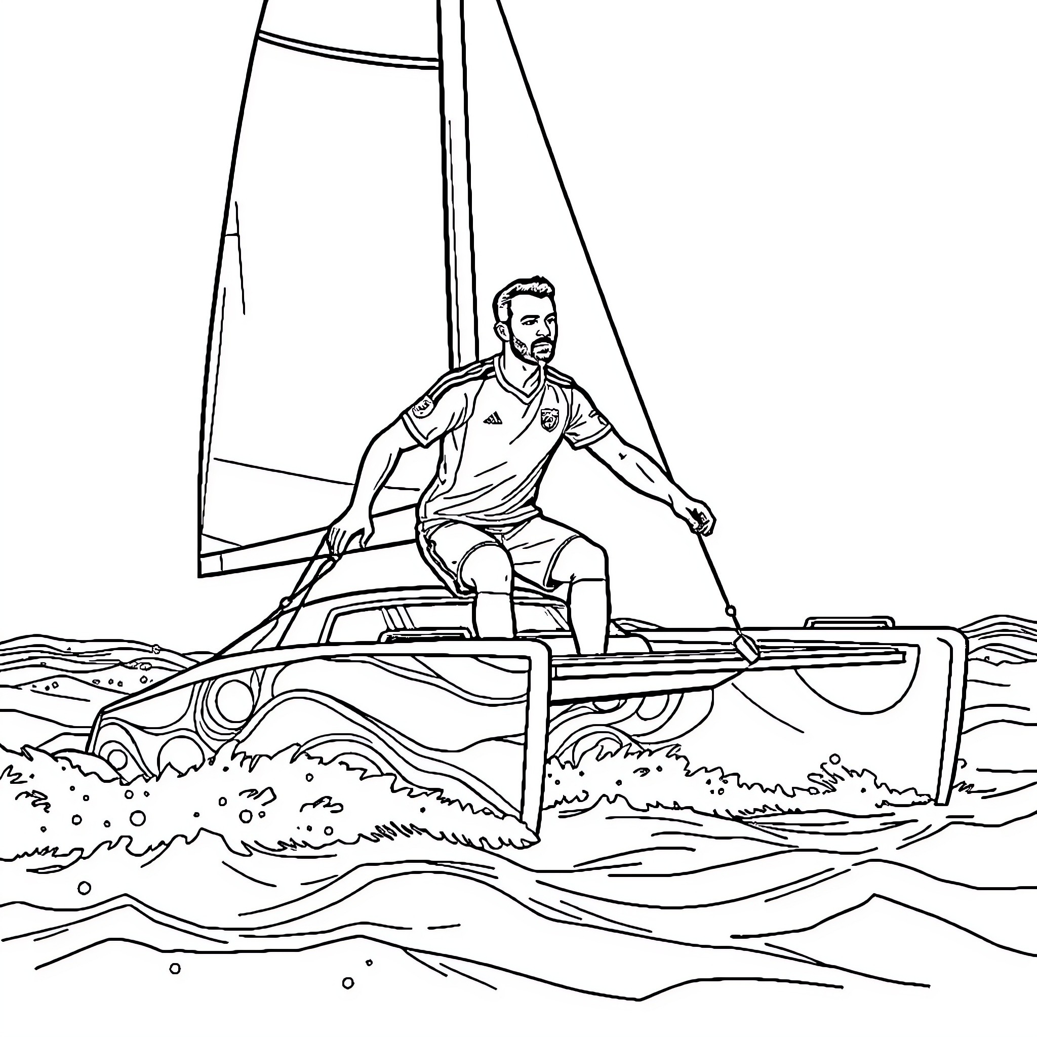 Thierry Henry sailing a sailboat on the water Coloring Page (free black-and-white line drawing printable PDF for all, from beginners to advanced learners, including children, teens, adults, and seniors)