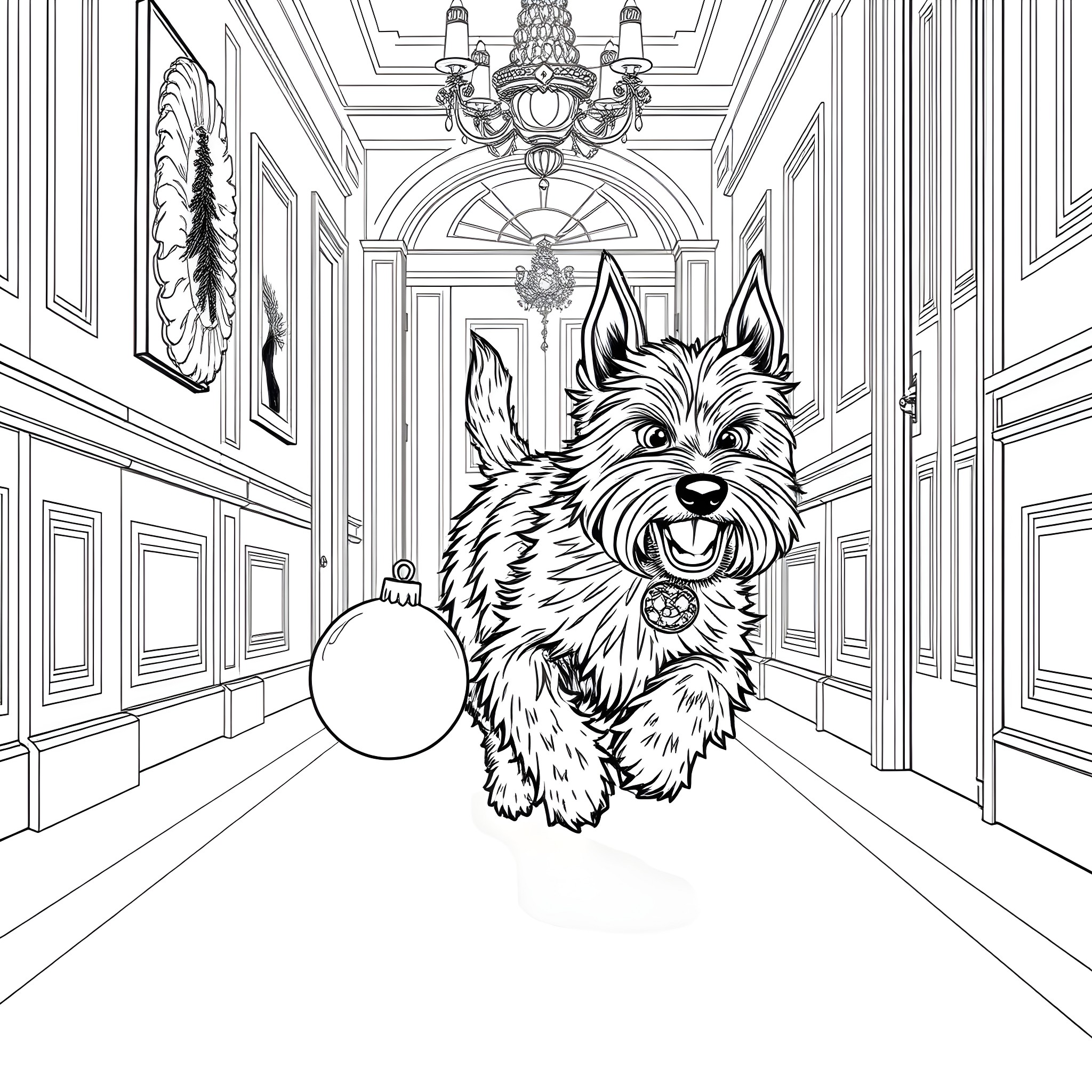 Scottish Terrier Exploring Elegant Hallway Coloring Page (free black-and-white line drawing printable PDF for all, from beginners to advanced learners, including children, teens, adults, and seniors)