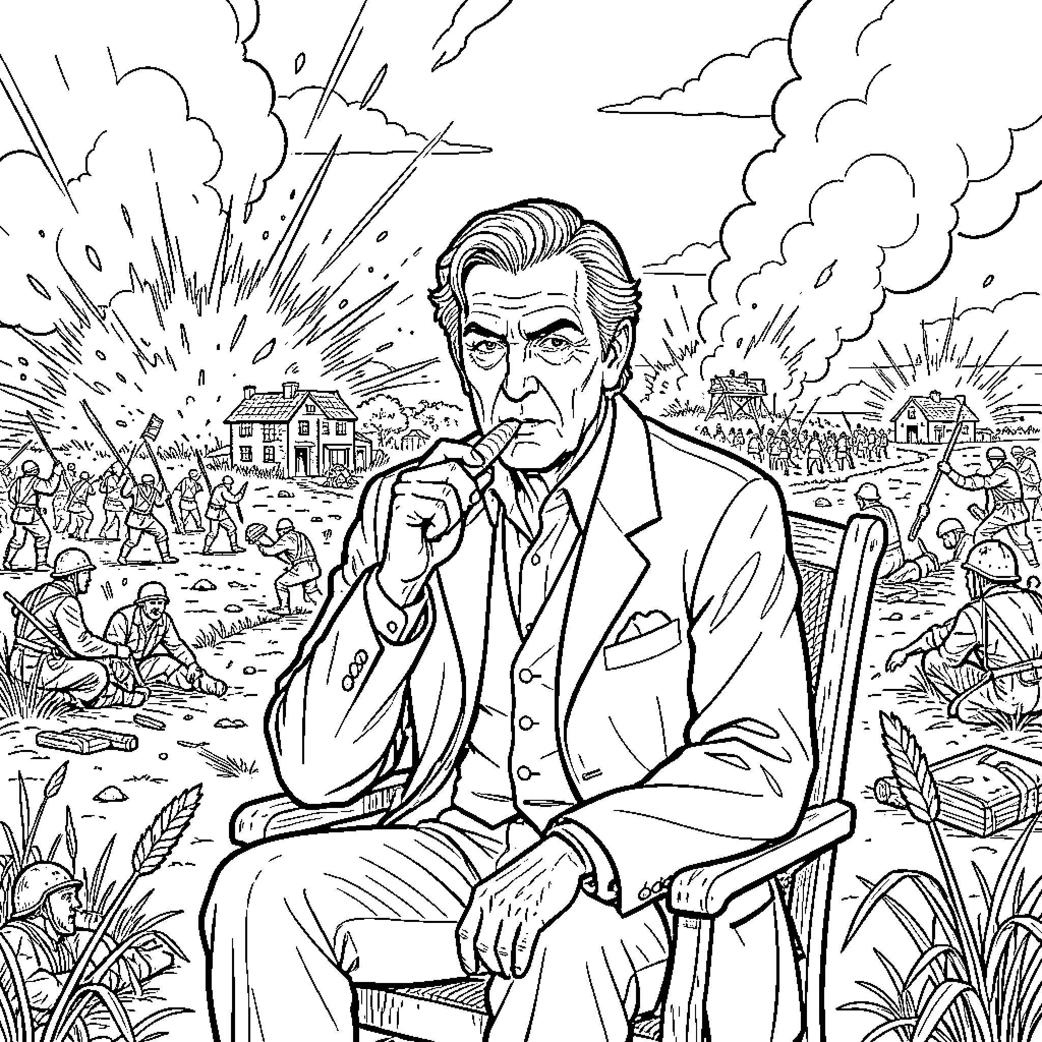 Hannibal Lector sitting calmly amidst a chaotic battlefield Coloring Page (free black-and-white line drawing printable PDF for all, from beginners to advanced learners, including children, teens, adults, and seniors)