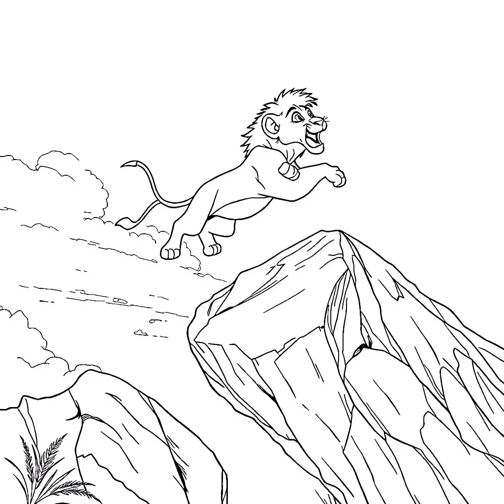 Simba leaping triumphantly on the rocky cliffs Coloring Page (free black-and-white line drawing printable PDF for all, from beginners to advanced learners, including children, teens, adults, and seniors)