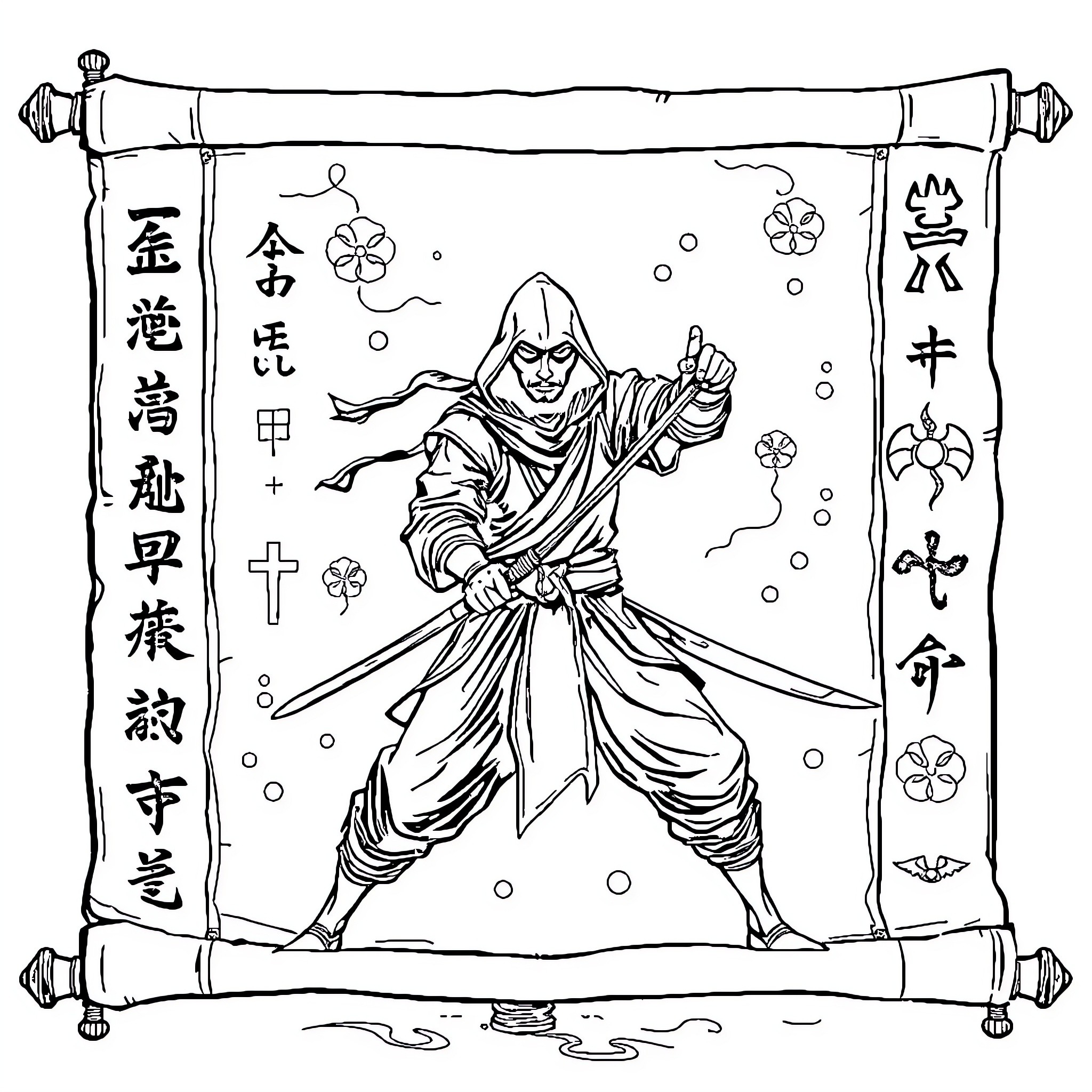 Ninja in action against ornate backdrop Coloring Page (free black-and-white line drawing printable PDF for all, from beginners to advanced learners, including children, teens, adults, and seniors)