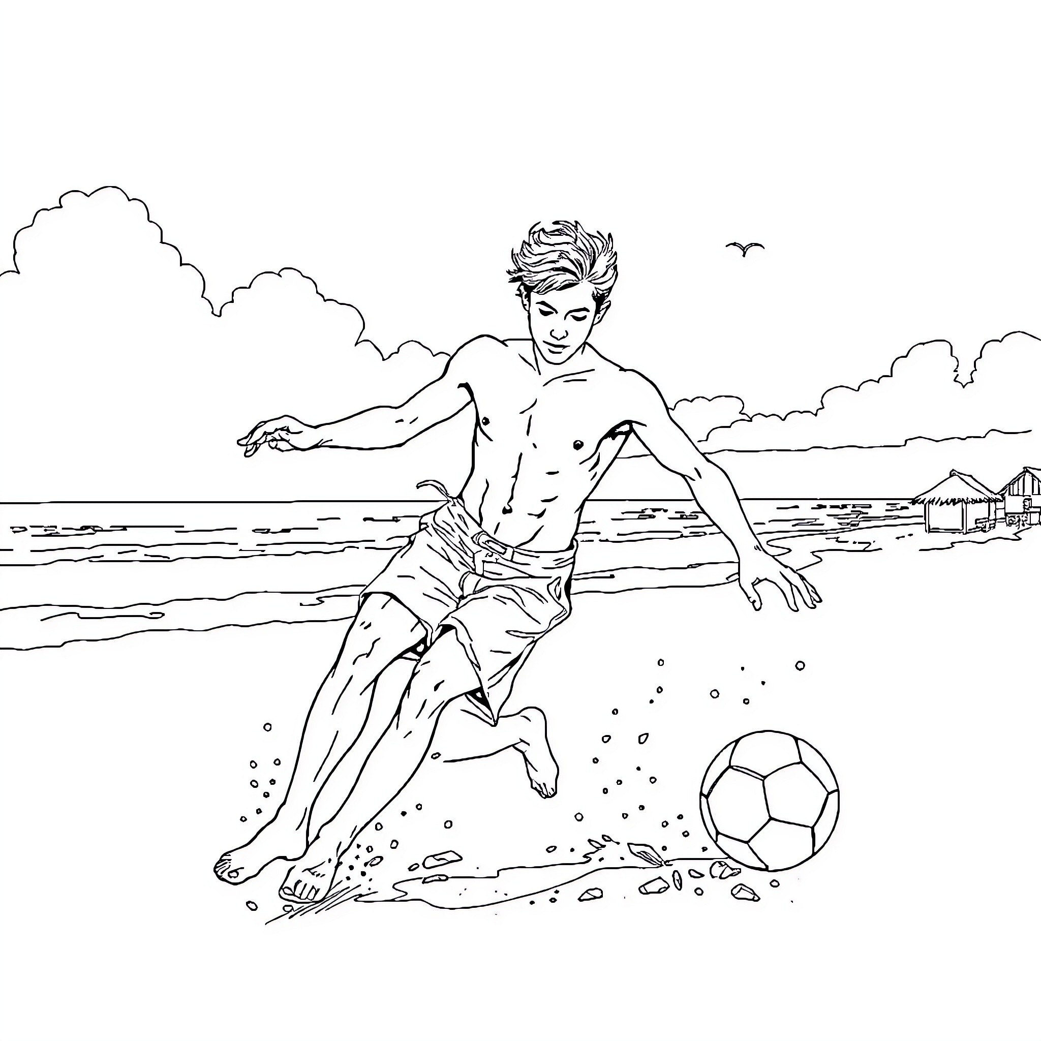 Guy playing soccer joyfully on the beach Coloring Page (free black-and-white line drawing printable PDF for all, from beginners to advanced learners, including children, teens, adults, and seniors)