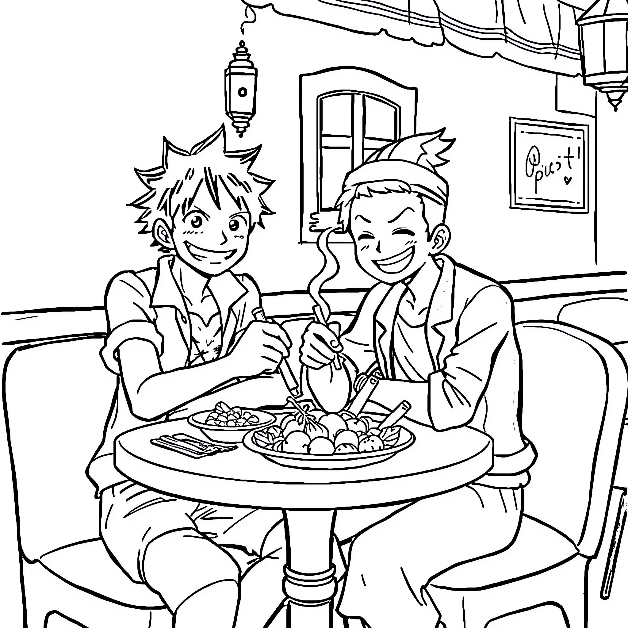 Luffy and Friend Enjoying Meal at Outdoor Cafe Coloring Page (free black-and-white line drawing printable PDF for all, from beginners to advanced learners, including children, teens, adults, and seniors)
