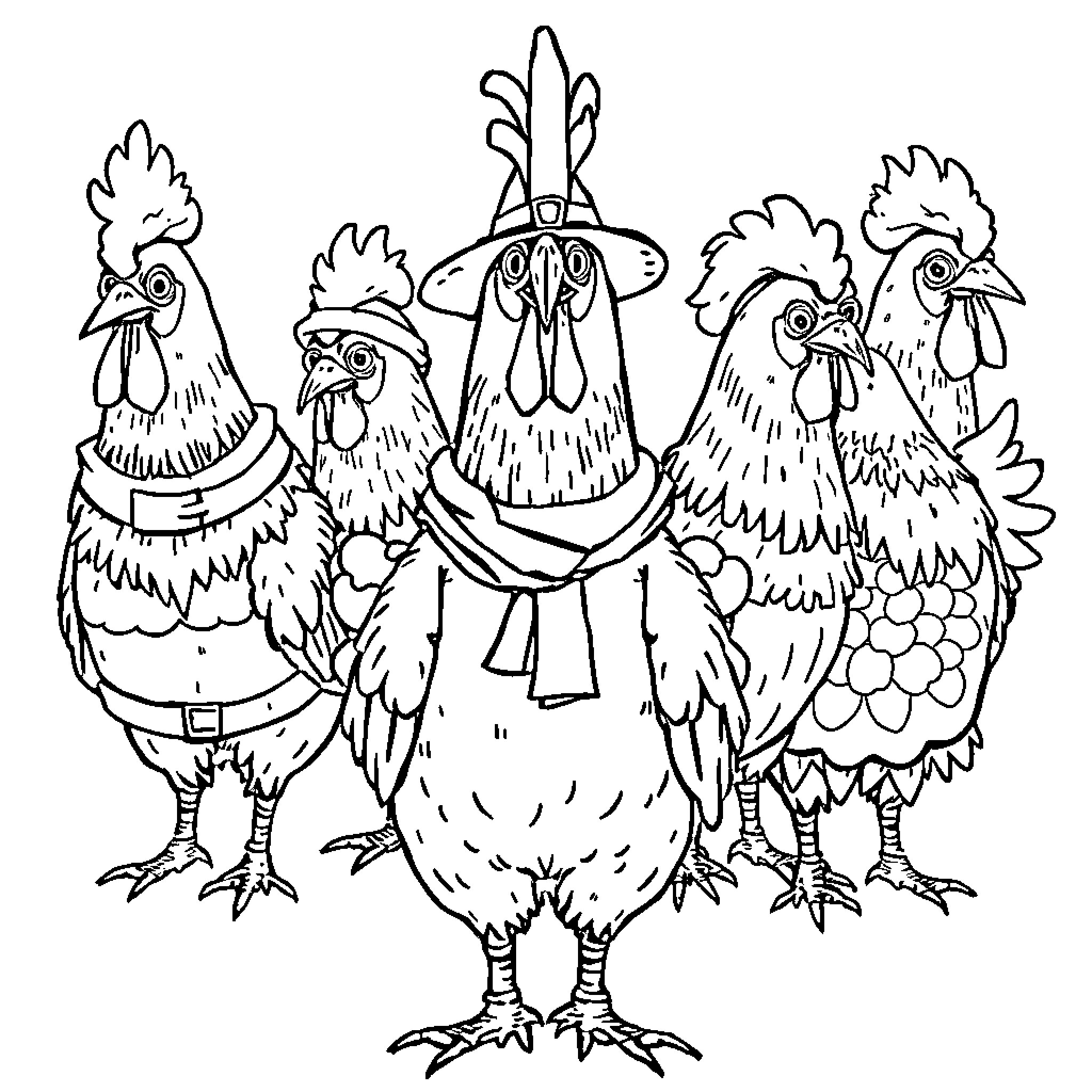 Chicken Characters in Funny Costumes and Poses Coloring Page (free black-and-white line drawing printable PDF for all, from beginners to advanced learners, including children, teens, adults, and seniors)