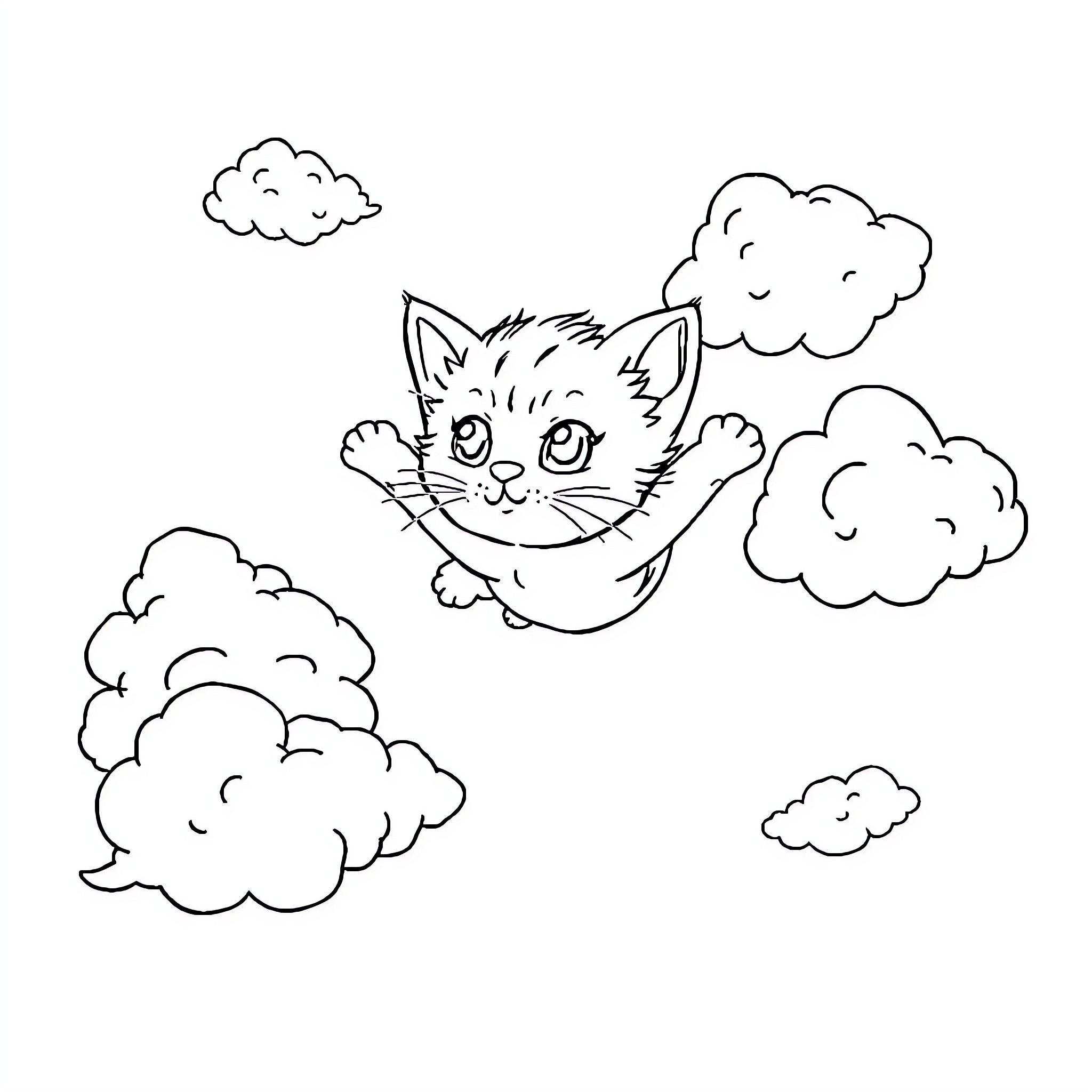 Kitten playing among the clouds Coloring Page (free black-and-white line drawing printable PDF for all, from beginners to advanced learners, including children, teens, adults, and seniors)