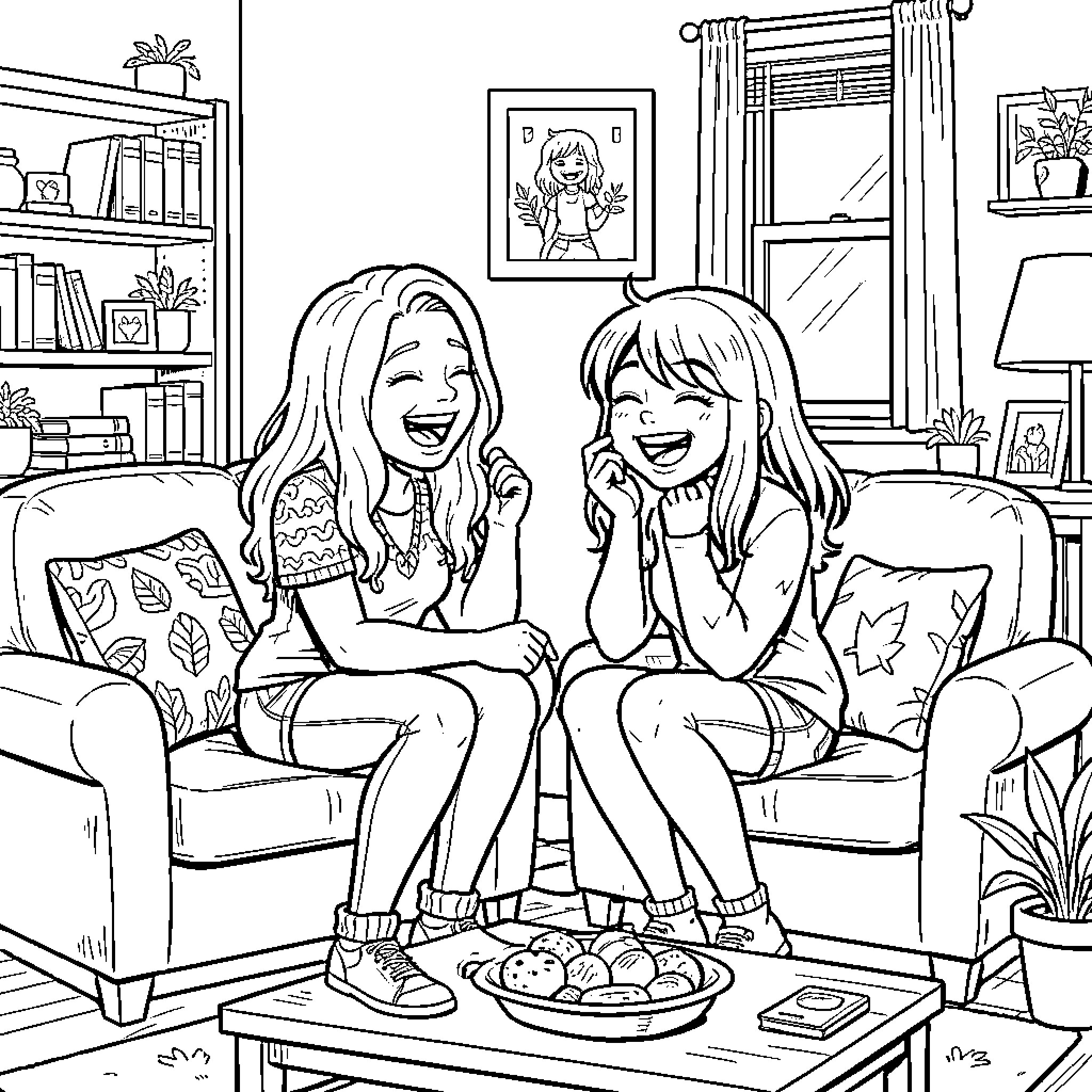 Sam and her friend laughing together in cozy living room Coloring Page (free black-and-white line drawing printable PDF for all, from beginners to advanced learners, including children, teens, adults, and seniors)