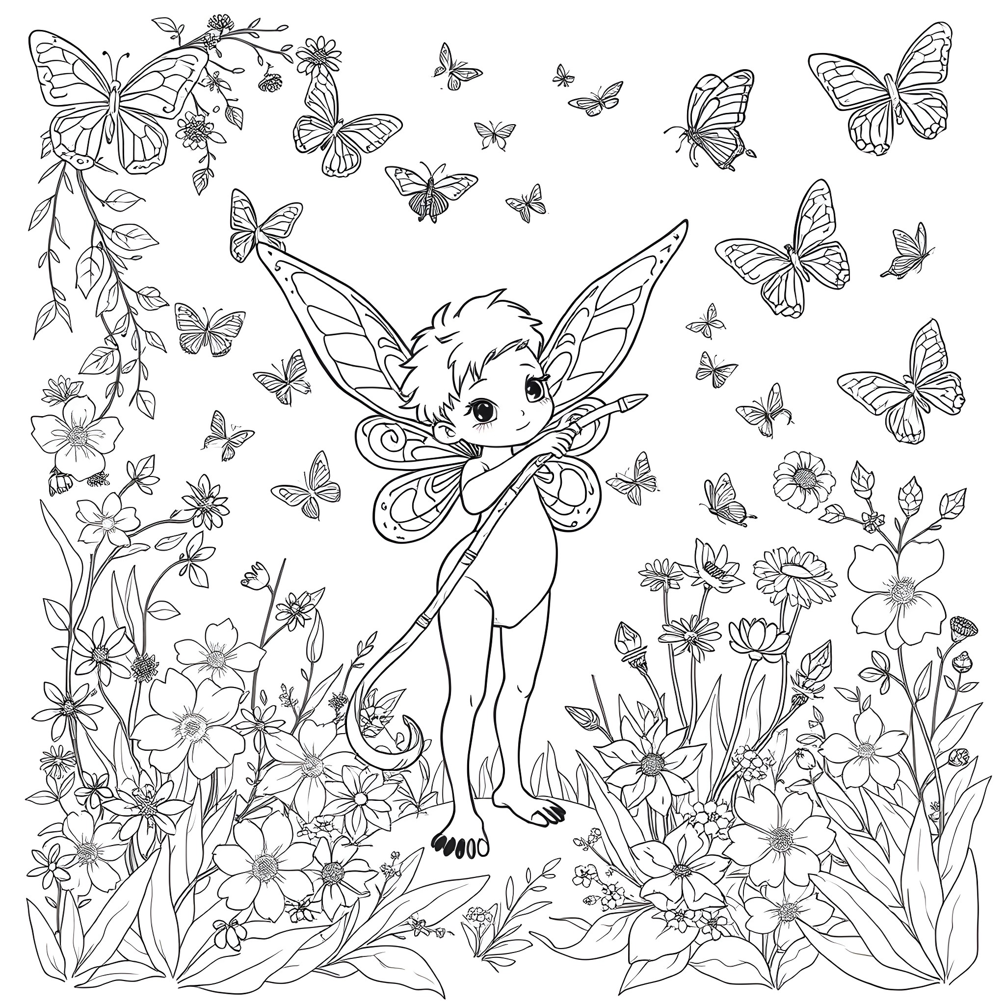 Spriggan fairy among butterflies and flowers Coloring Page (free black-and-white line drawing printable PDF for all, from beginners to advanced learners, including children, teens, adults, and seniors)