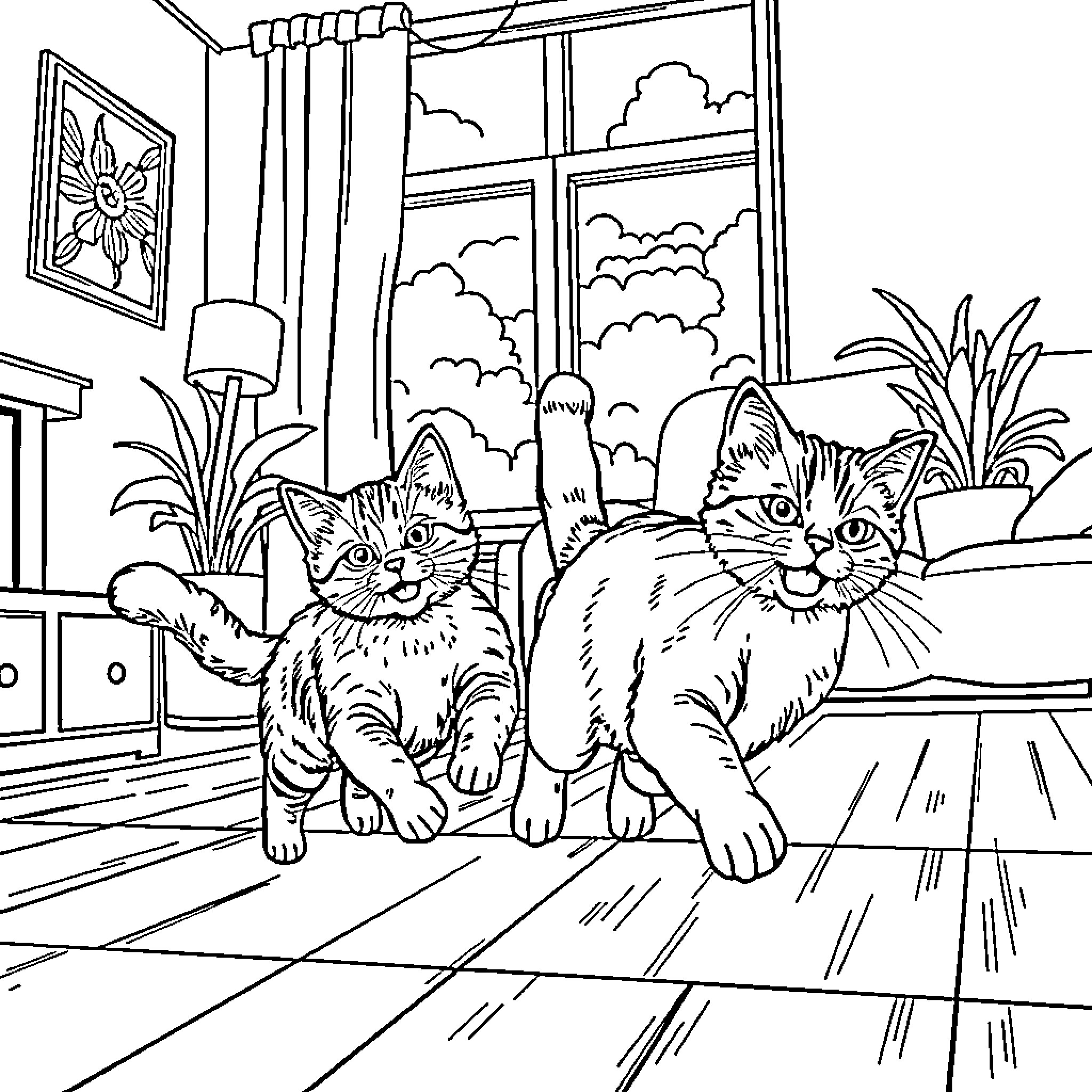 Cat friends relaxing in cozy indoor setting Coloring Page (free black-and-white line drawing printable PDF for all, from beginners to advanced learners, including children, teens, adults, and seniors)