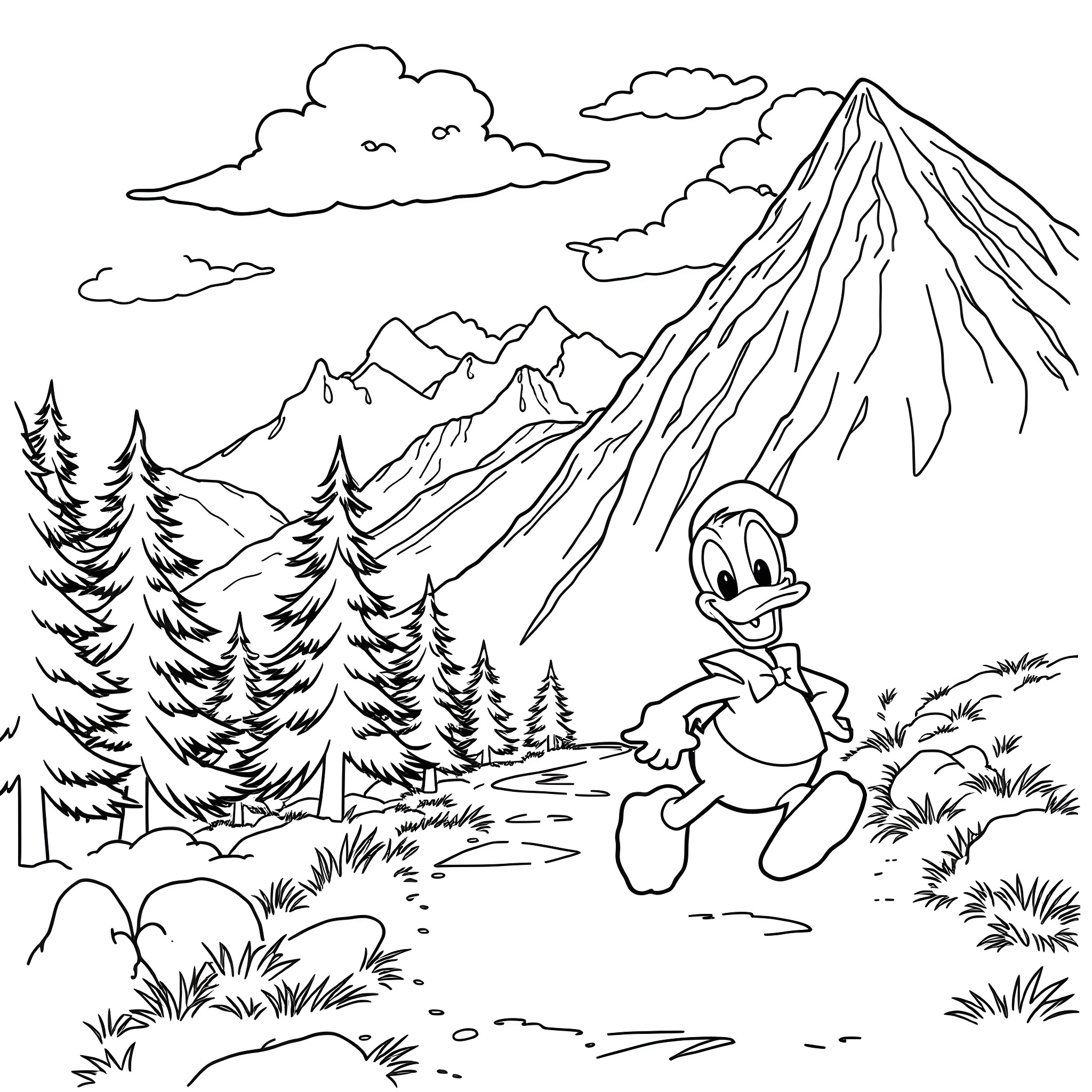 Donald Duck exploring the scenic mountain landscape Coloring Page (free black-and-white line drawing printable PDF for all, from beginners to advanced learners, including children, teens, adults, and seniors)