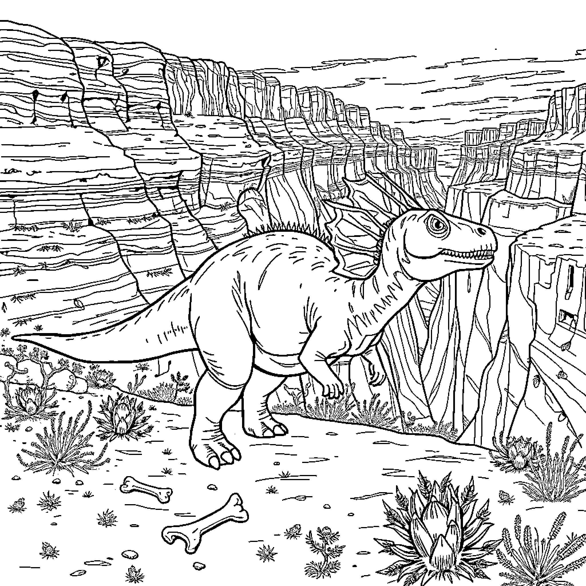 Styracosaurus exploring the prehistoric landscape Coloring Page (free black-and-white line drawing printable PDF for all, from beginners to advanced learners, including children, teens, adults, and seniors)