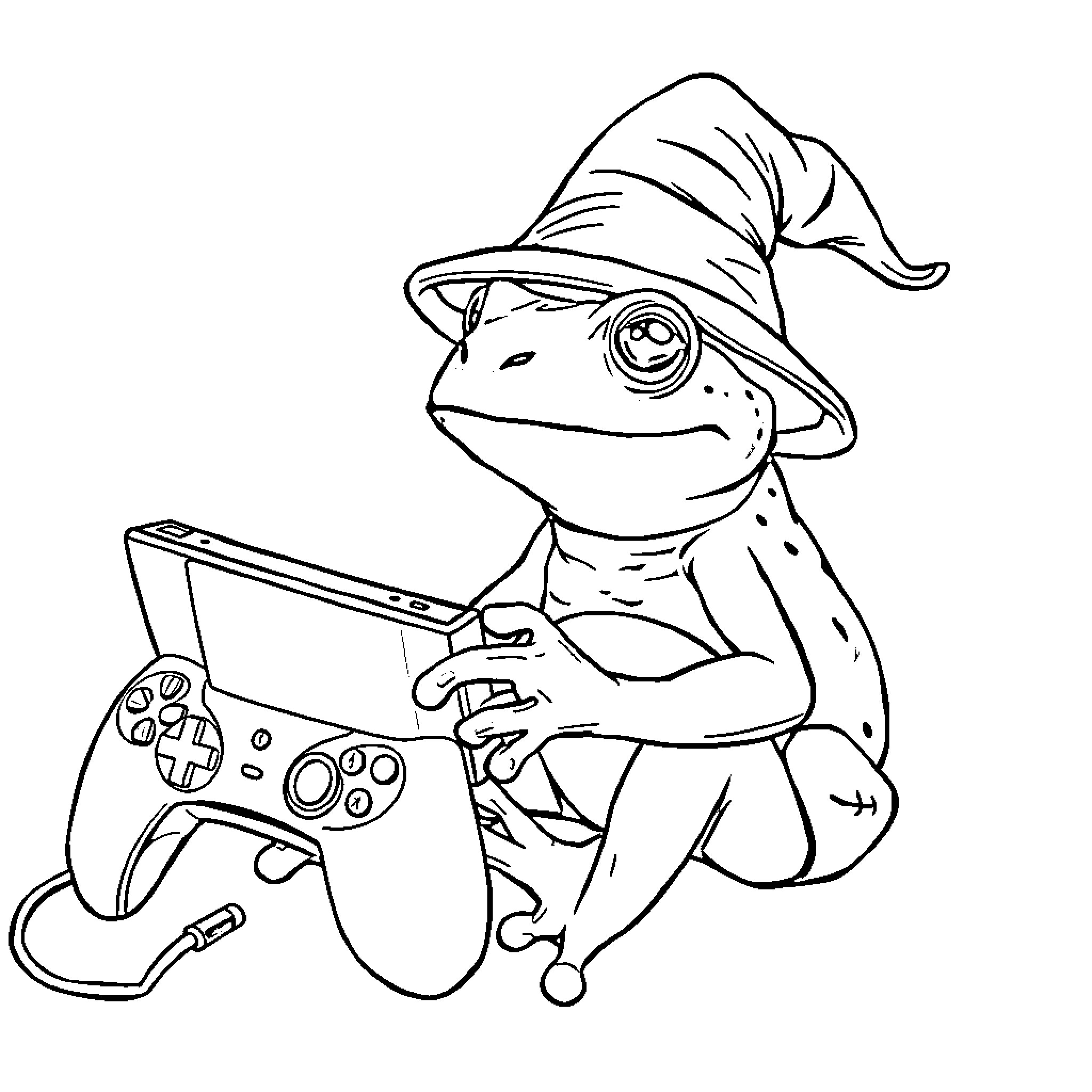 Frog playing video games with gamepad Coloring Page (free black-and-white line drawing printable PDF for all, from beginners to advanced learners, including children, teens, adults, and seniors)