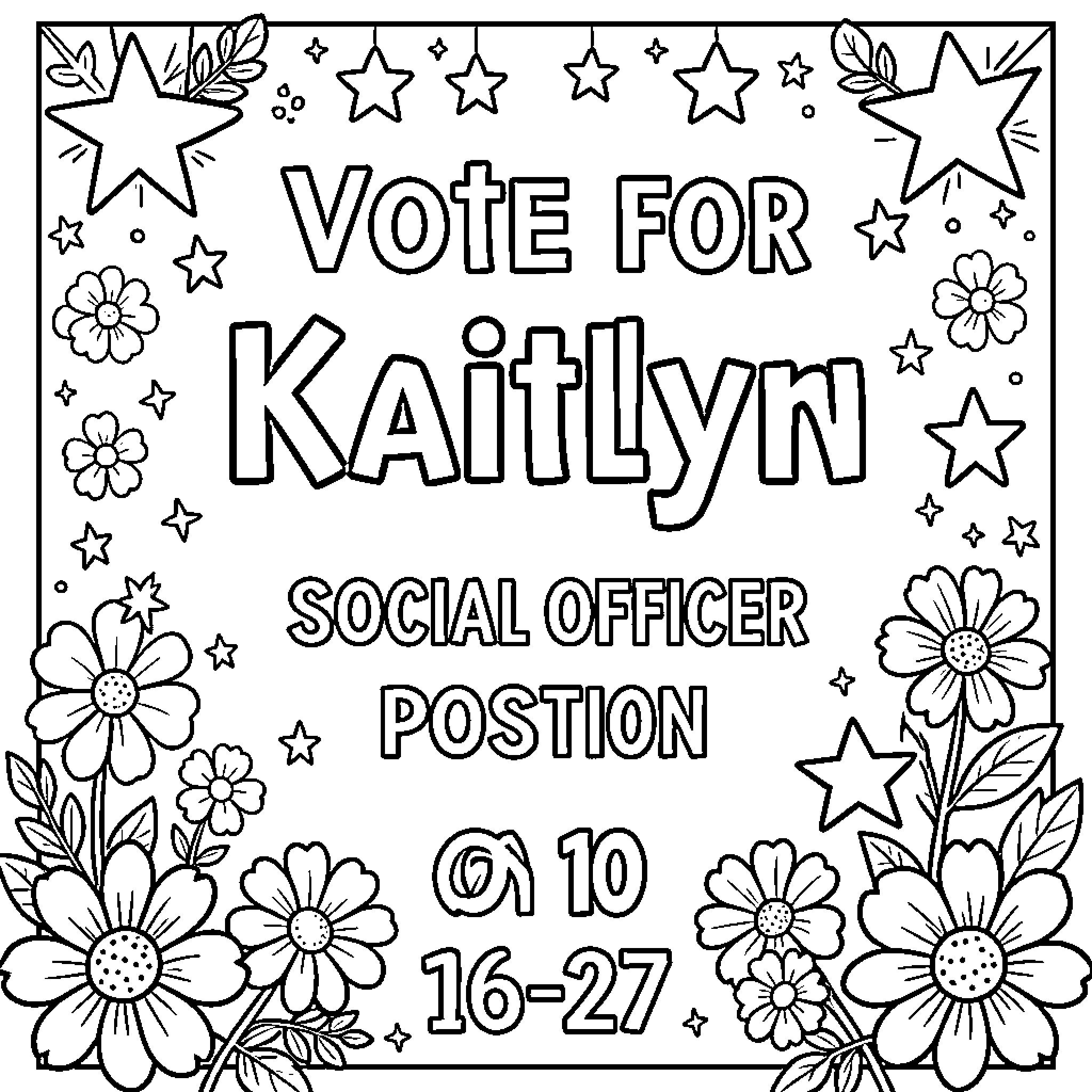 Kaitlyn's Social Officer Position Election Coloring Page (free black-and-white line drawing printable PDF for all, from beginners to advanced learners, including children, teens, adults, and seniors)