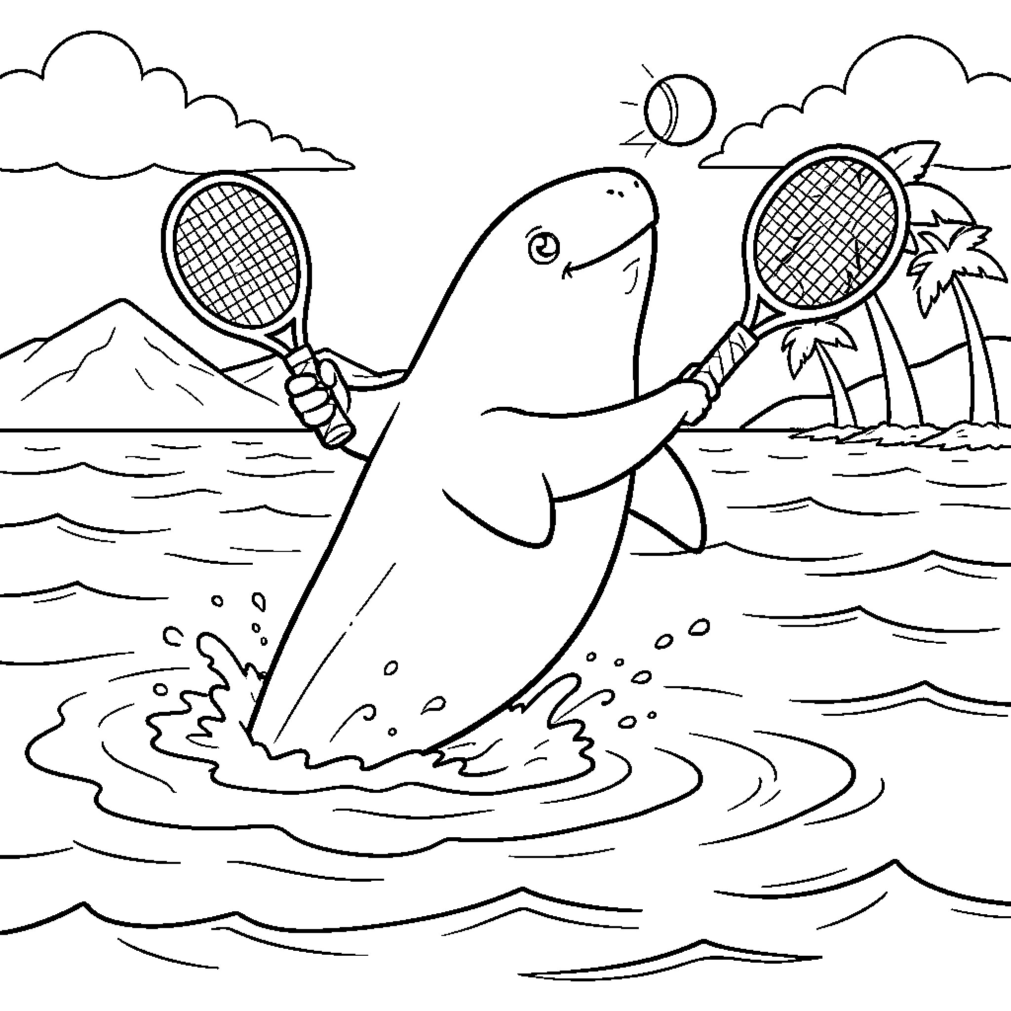 Narwhal Playing Tennis on the Beach Coloring Page (free black-and-white line drawing printable PDF for all, from beginners to advanced learners, including children, teens, adults, and seniors)