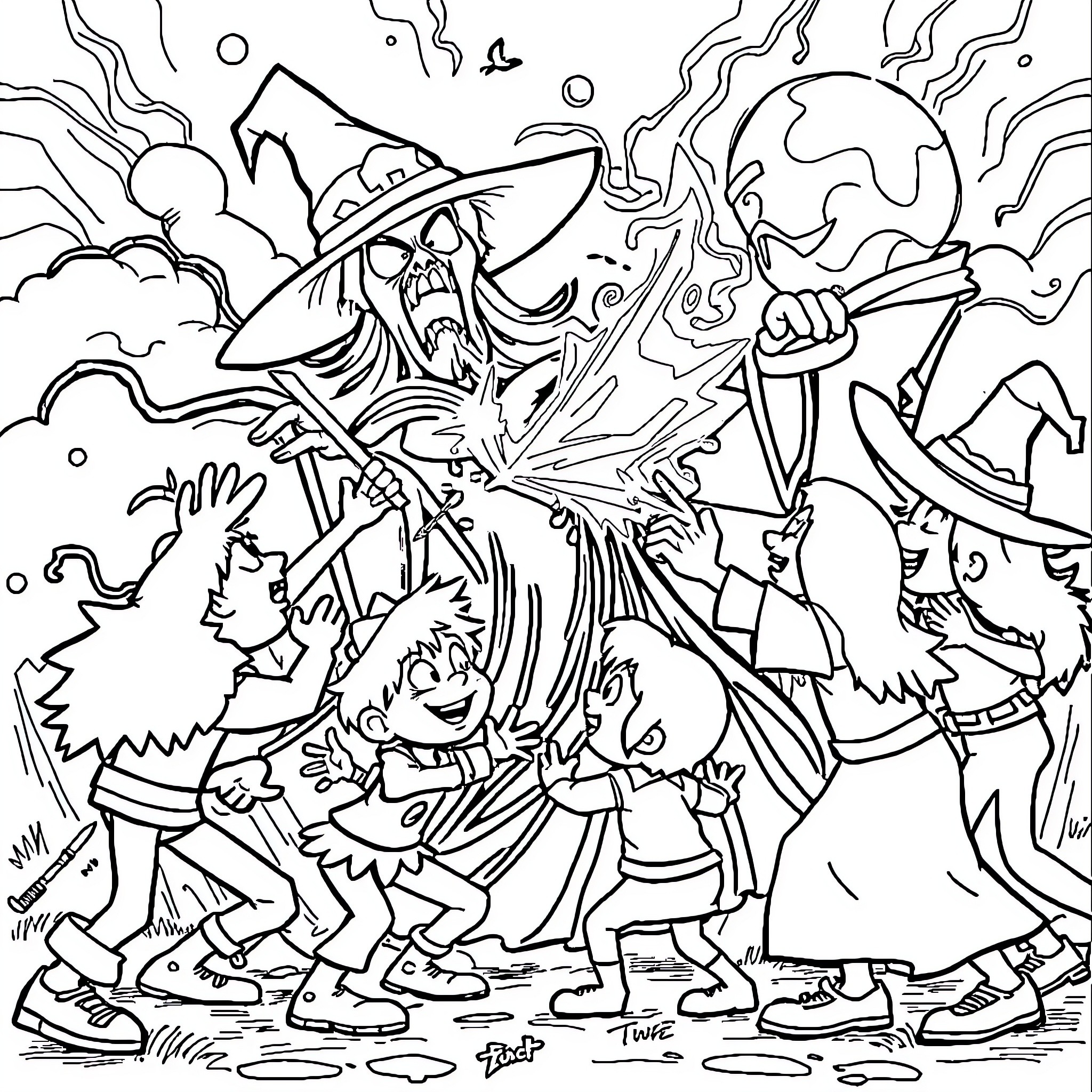 Cartoon Character Wizard Casting Spells on Group Coloring Page (free black-and-white line drawing printable PDF for all, from beginners to advanced learners, including children, teens, adults, and seniors)