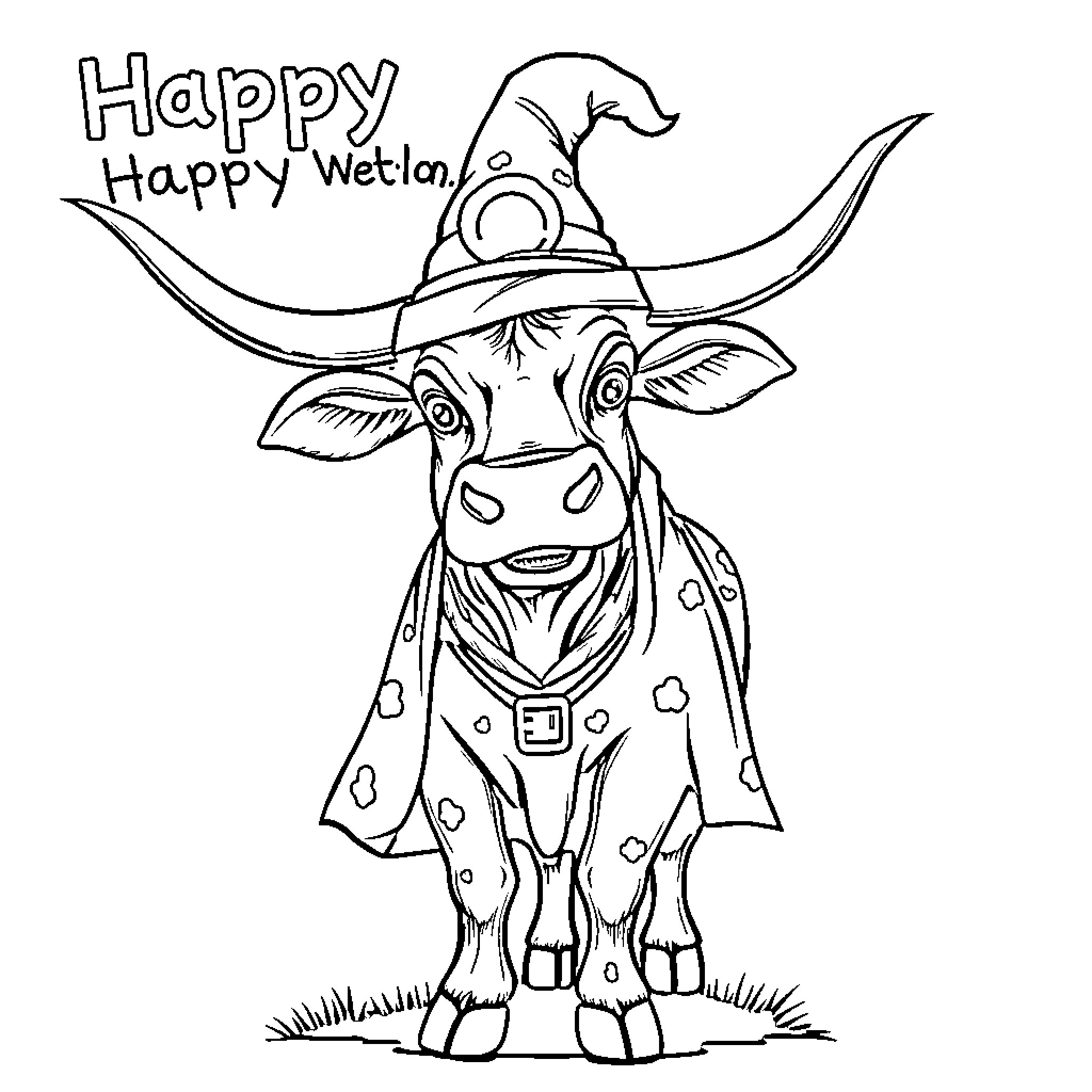 Longhorn wearing a whimsical hat and enjoying Wetland Coloring Page (free black-and-white line drawing printable PDF for all, from beginners to advanced learners, including children, teens, adults, and seniors)