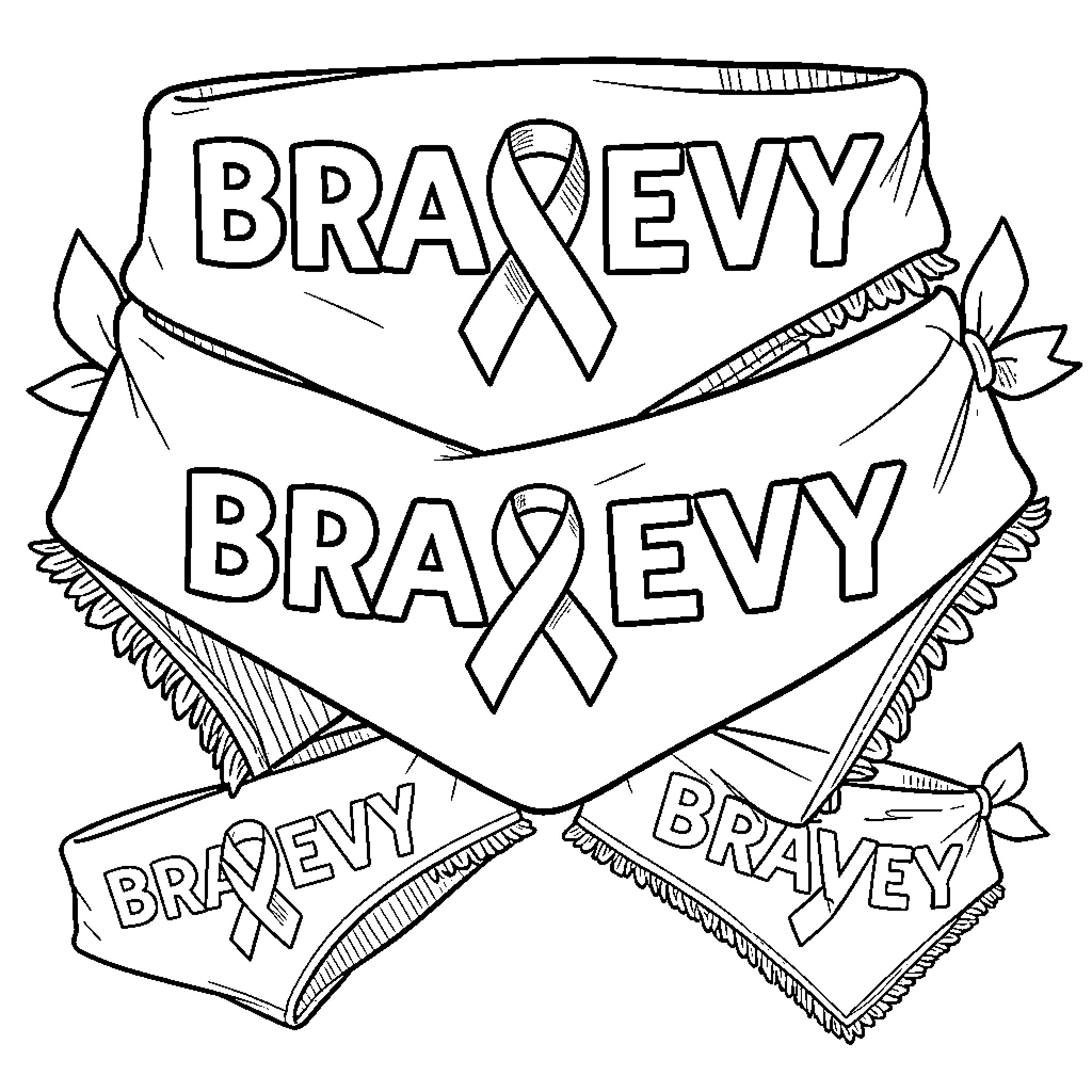 Bandana with Bravery text and ribbons Coloring Page (free black-and-white line drawing printable PDF for all, from beginners to advanced learners, including children, teens, adults, and seniors)