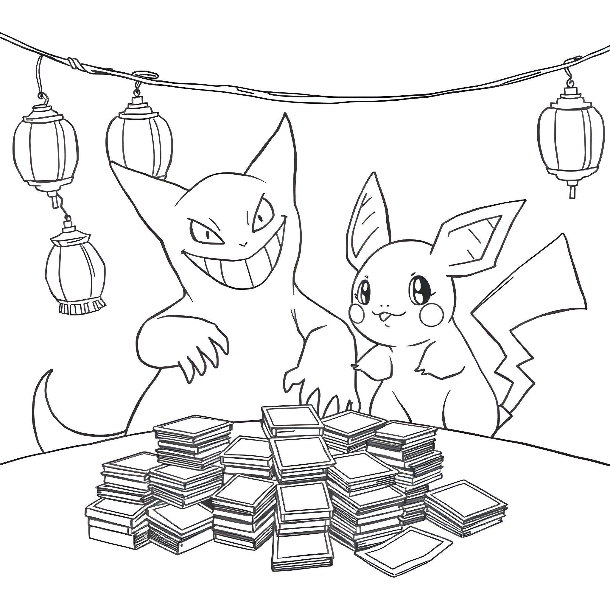Gengar and Pikachu Exploring a Festive Scene Coloring Page (free black-and-white line drawing printable PDF for all, from beginners to advanced learners, including children, teens, adults, and seniors)
