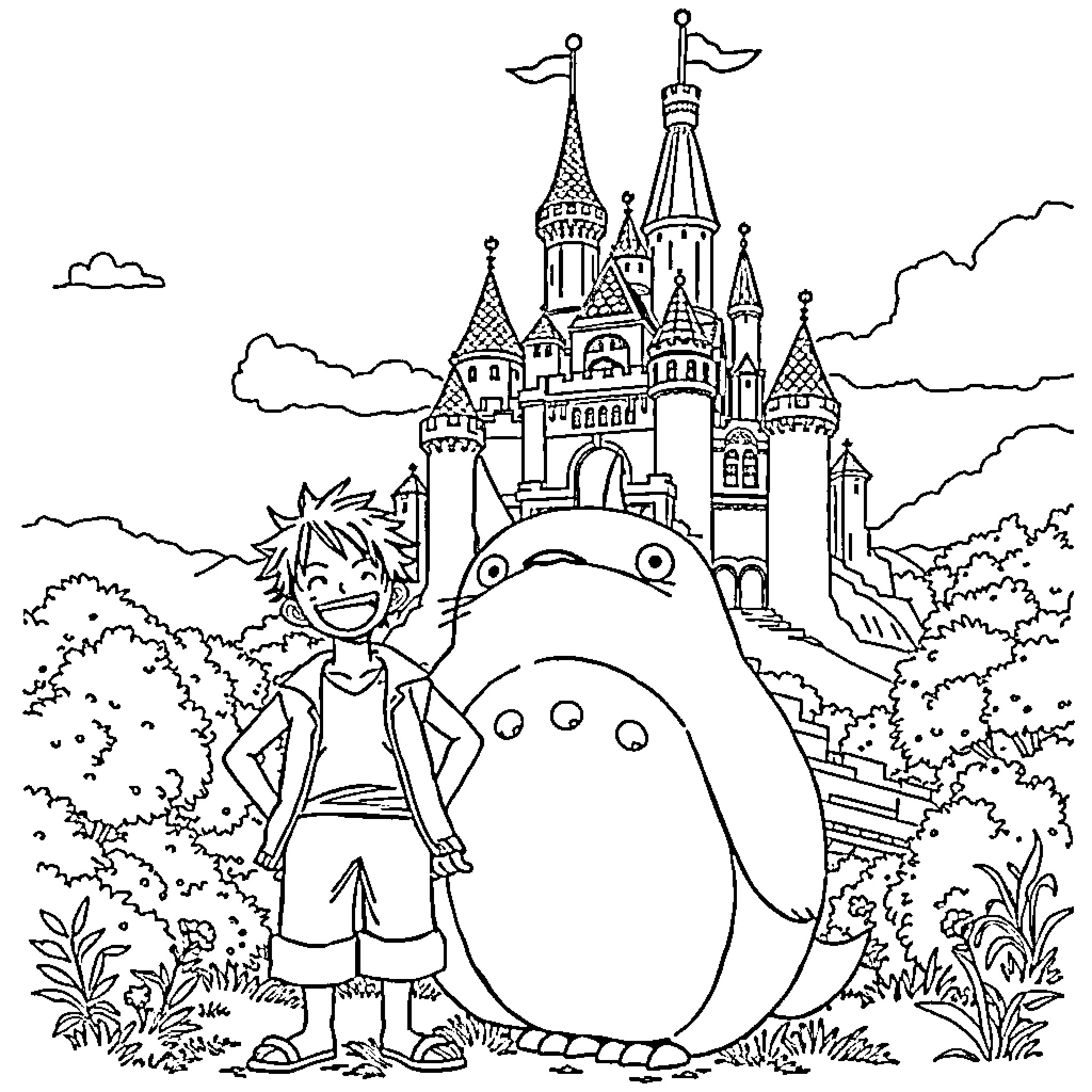 Monkey D. Ruffy exploring a magical fantasy world Coloring Page (free black-and-white line drawing printable PDF for all, from beginners to advanced learners, including children, teens, adults, and seniors)