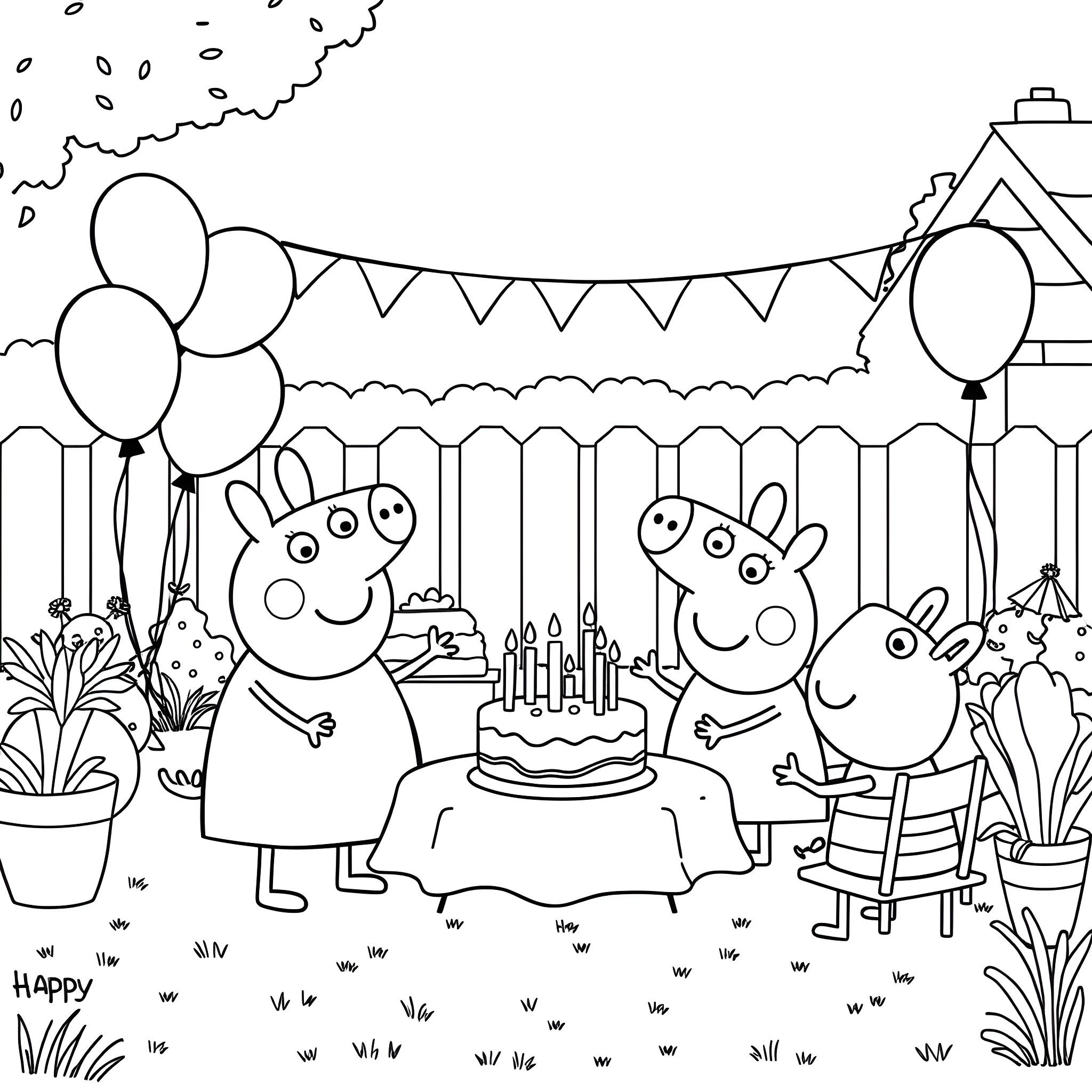 Bluey's Birthday Party with Peppa Pig Coloring Page (free black-and-white line drawing printable PDF for all, from beginners to advanced learners, including children, teens, adults, and seniors)
