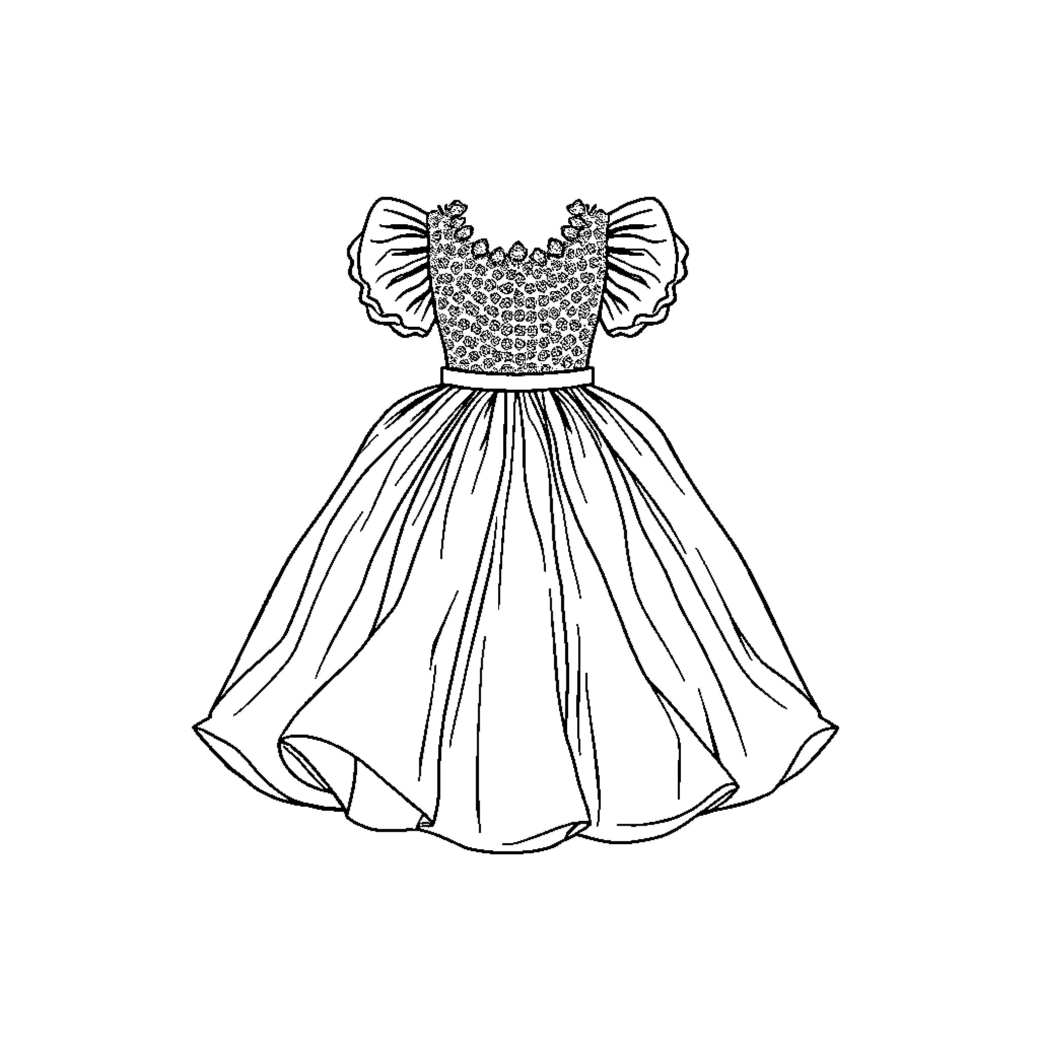 Boubou's Sparkling Dress of Joy Coloring Page (free black-and-white line drawing printable PDF for all, from beginners to advanced learners, including children, teens, adults, and seniors)