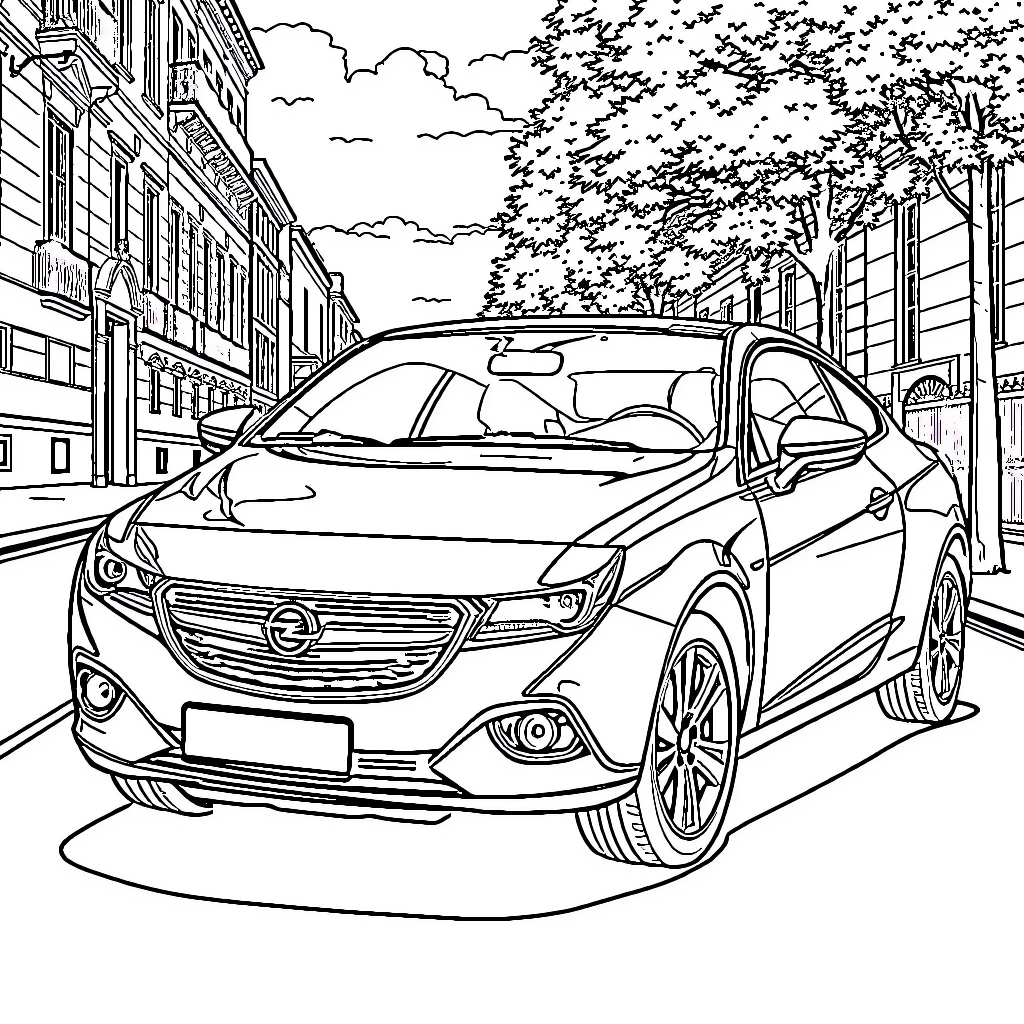 Opel Kadett parked on urban street Coloring Page (free black-and-white line drawing printable PDF for all, from beginners to advanced learners, including children, teens, adults, and seniors)