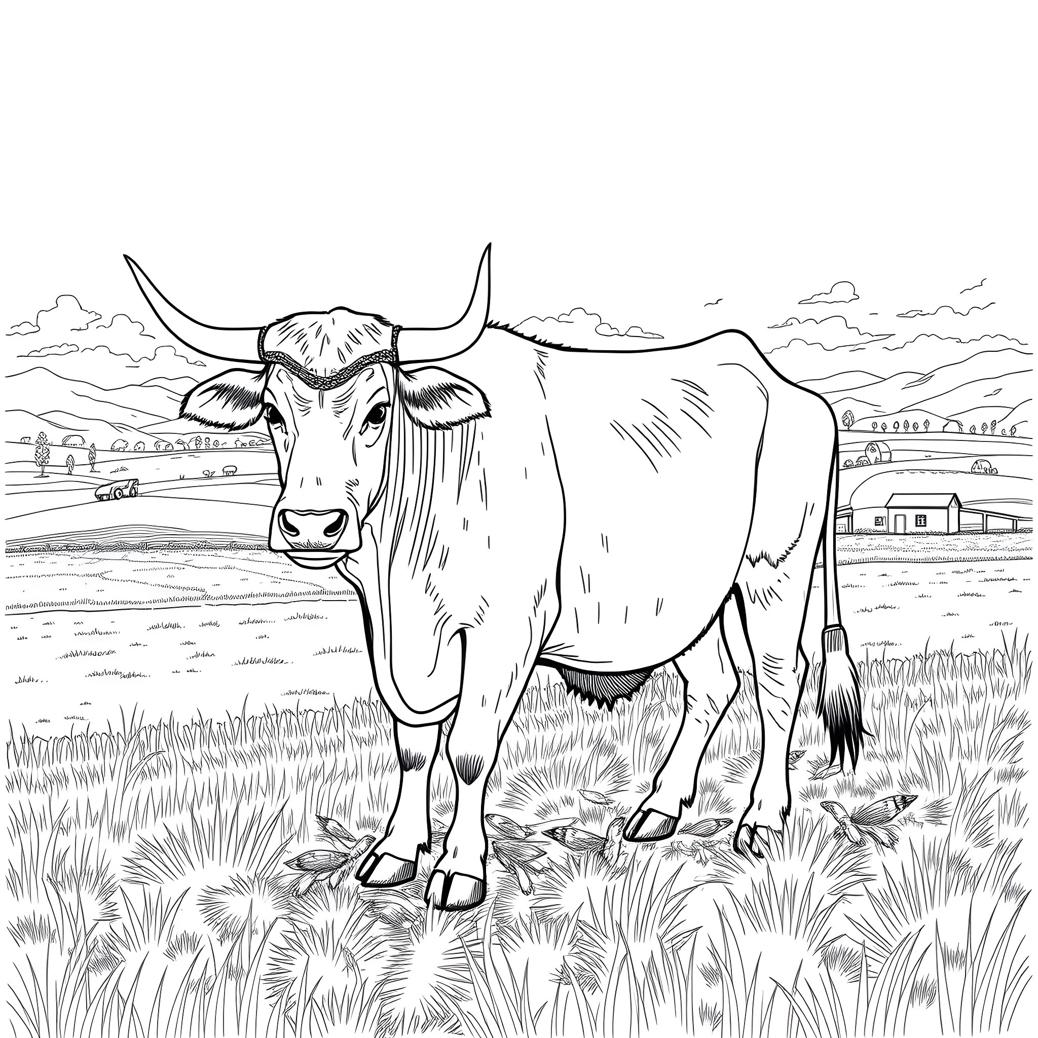 Ox standing in a rural landscape Coloring Page (free black-and-white line drawing printable PDF for all, from beginners to advanced learners, including children, teens, adults, and seniors)