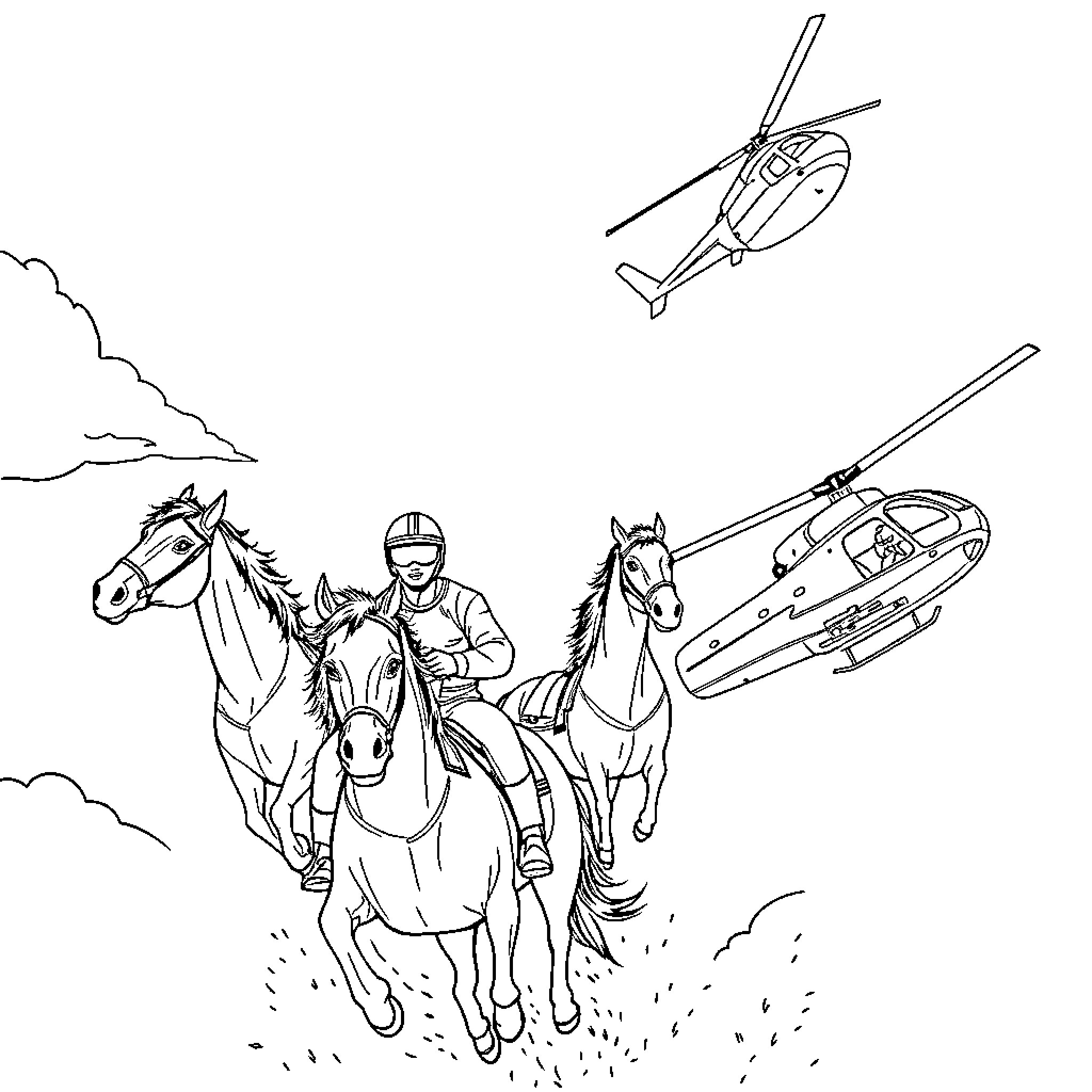 Horse Riders and Helicopters in Action Coloring Page (free black-and-white line drawing printable PDF for all, from beginners to advanced learners, including children, teens, adults, and seniors)