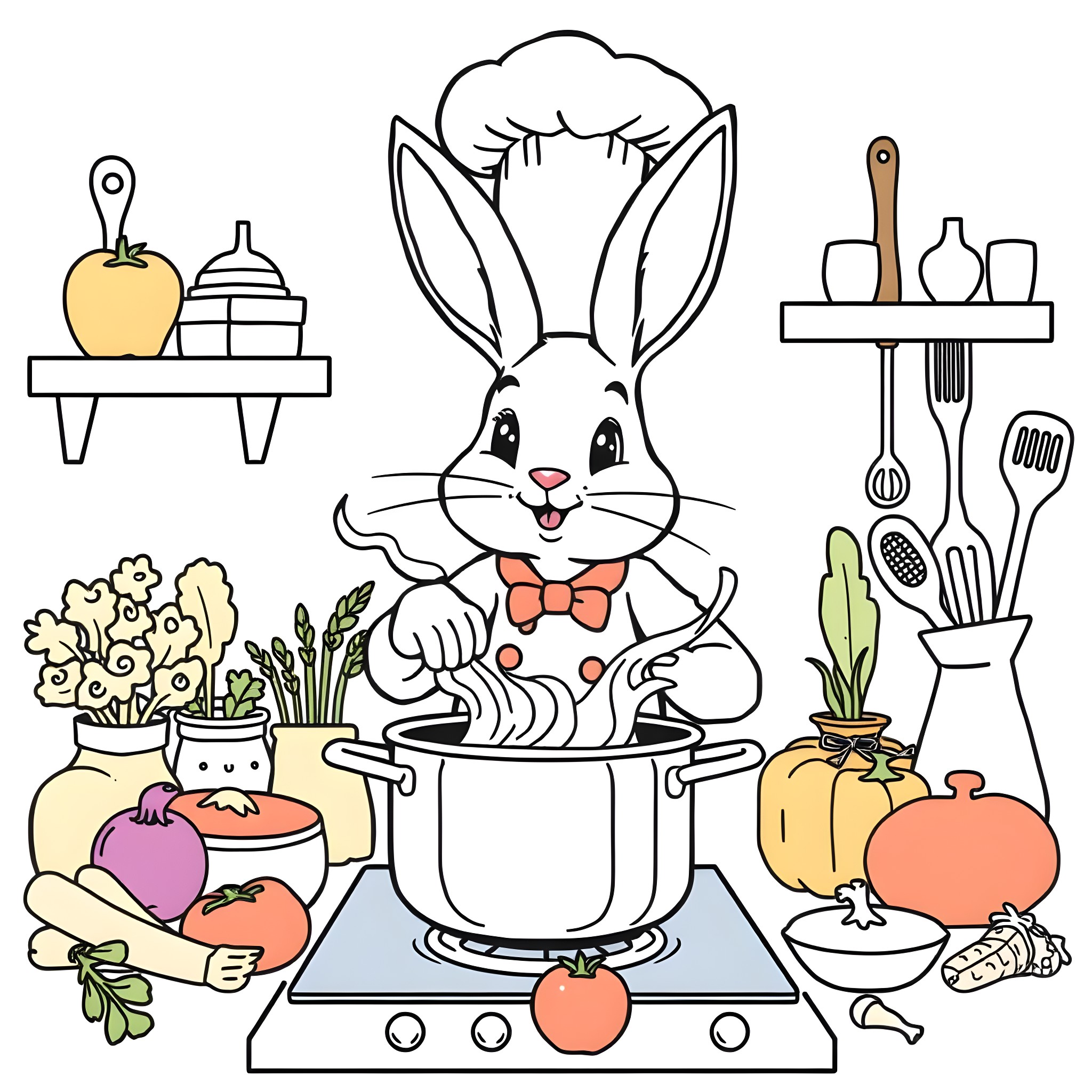 Bunny cooking in the kitchen Coloring Page (free black-and-white line drawing printable PDF for all, from beginners to advanced learners, including children, teens, adults, and seniors)
